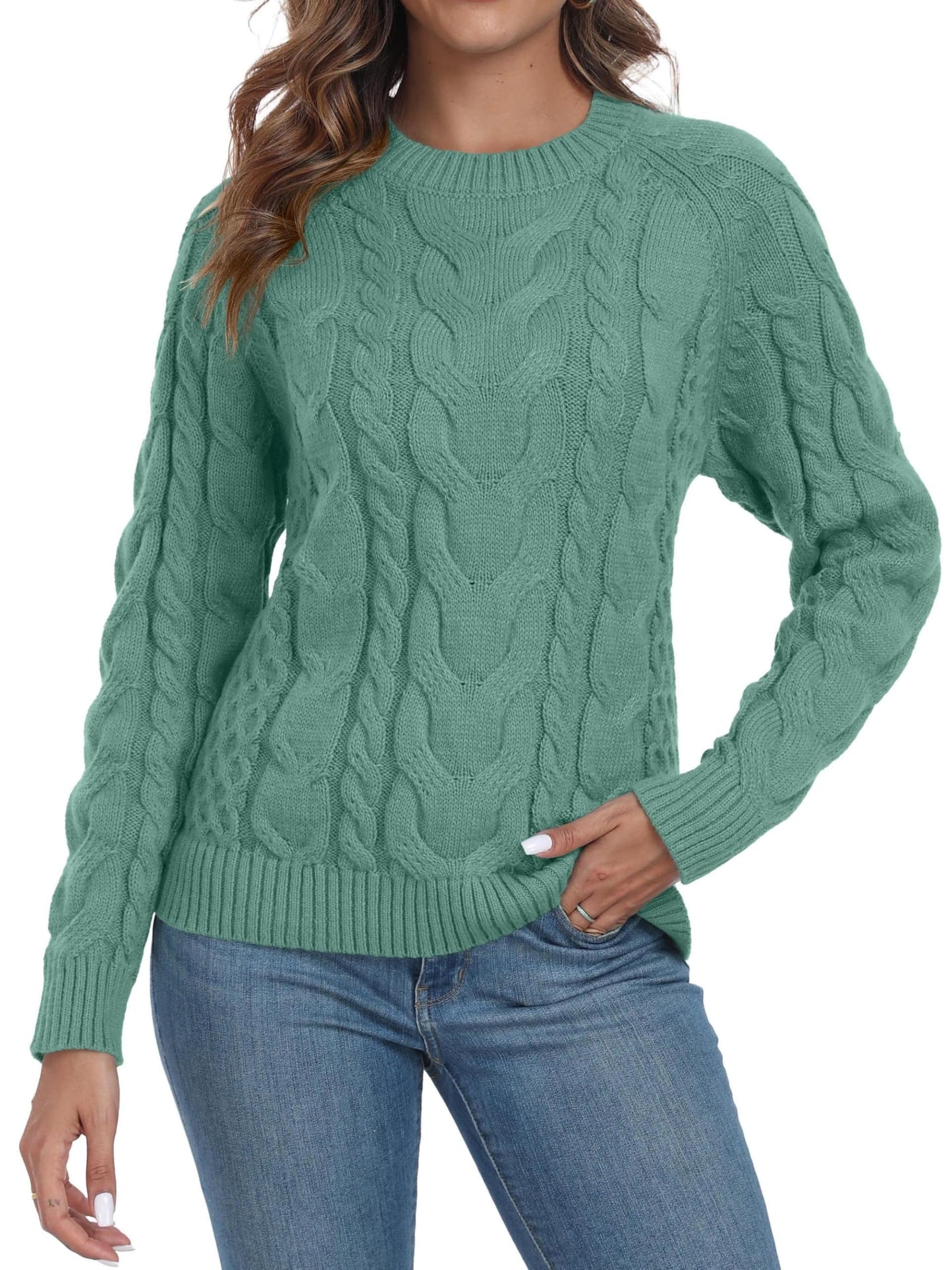 QIXING Women's Cable Knit Sweater – Elegant Long Sleeve Round Neck Winter Pullover