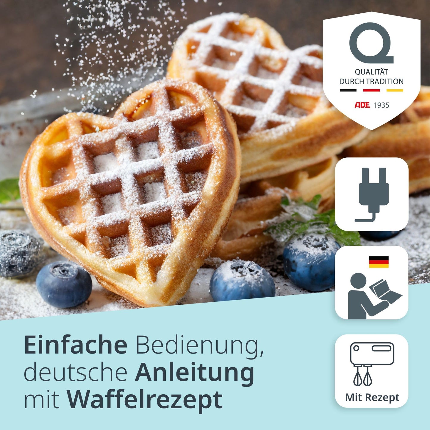 ADE Mini Waffeleisen Herzform | belgische Waffel | perfekt für eine Person, Party, Kindergeburtstag | hochwertige Antihaftbeschichtung | 550 W | schwarz
