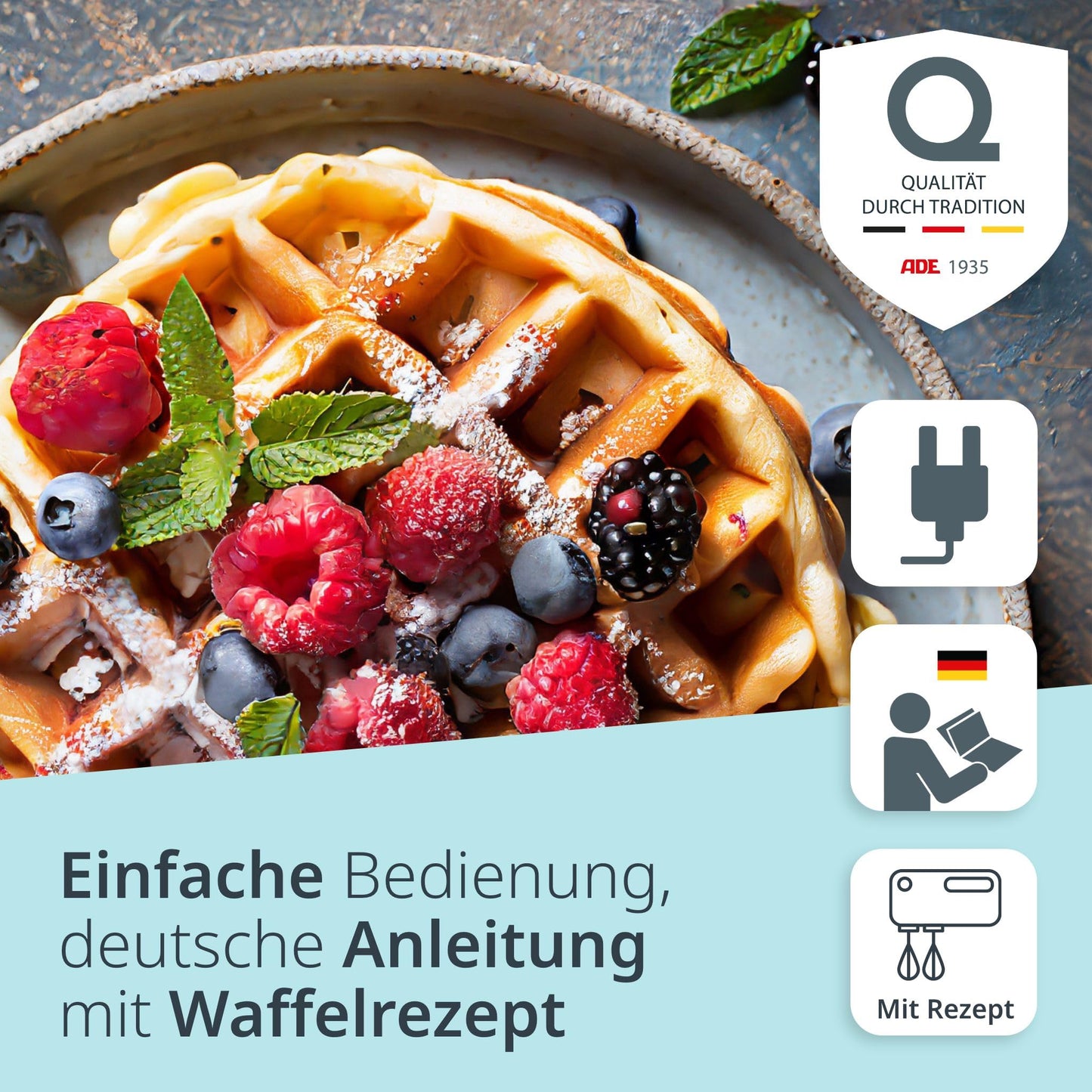ADE Mini Waffeleisen Herzform | belgische Waffel | perfekt für eine Person, Party, Kindergeburtstag | hochwertige Antihaftbeschichtung | 550 W | schwarz