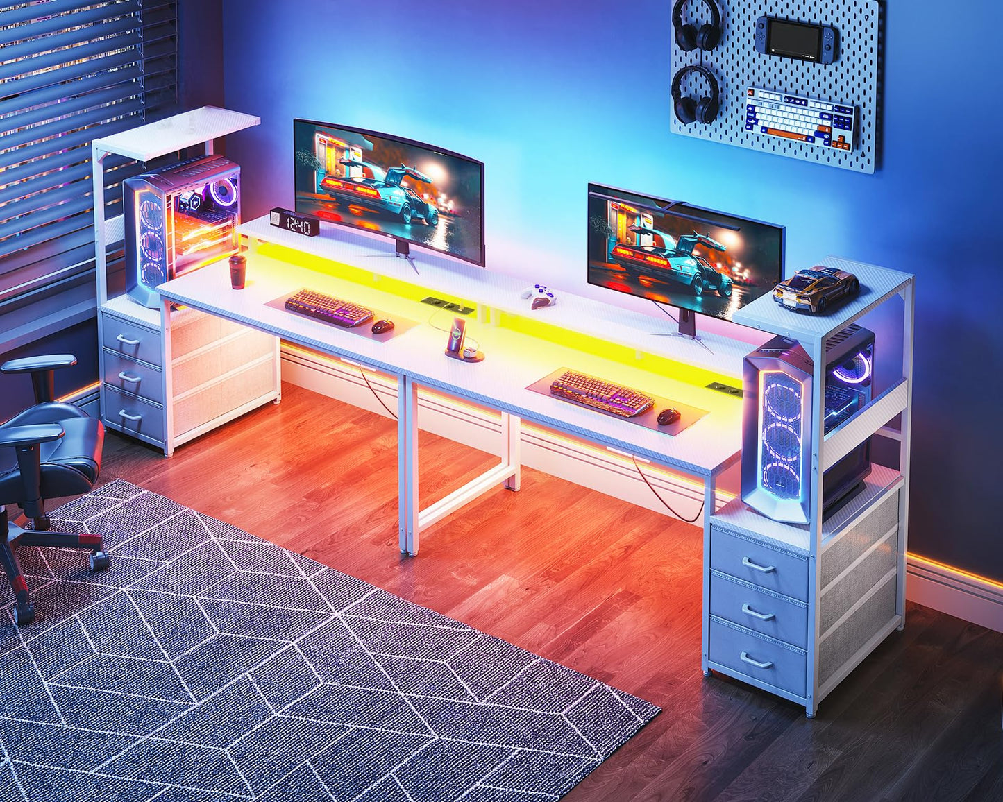 Coleshome Gaming Table with LED Lighting & Socket, Gaming Desk with Drawers, Computer Desk with Shelves & Monitor Stand, Carbon Fibre Black, 151 x 50 cm