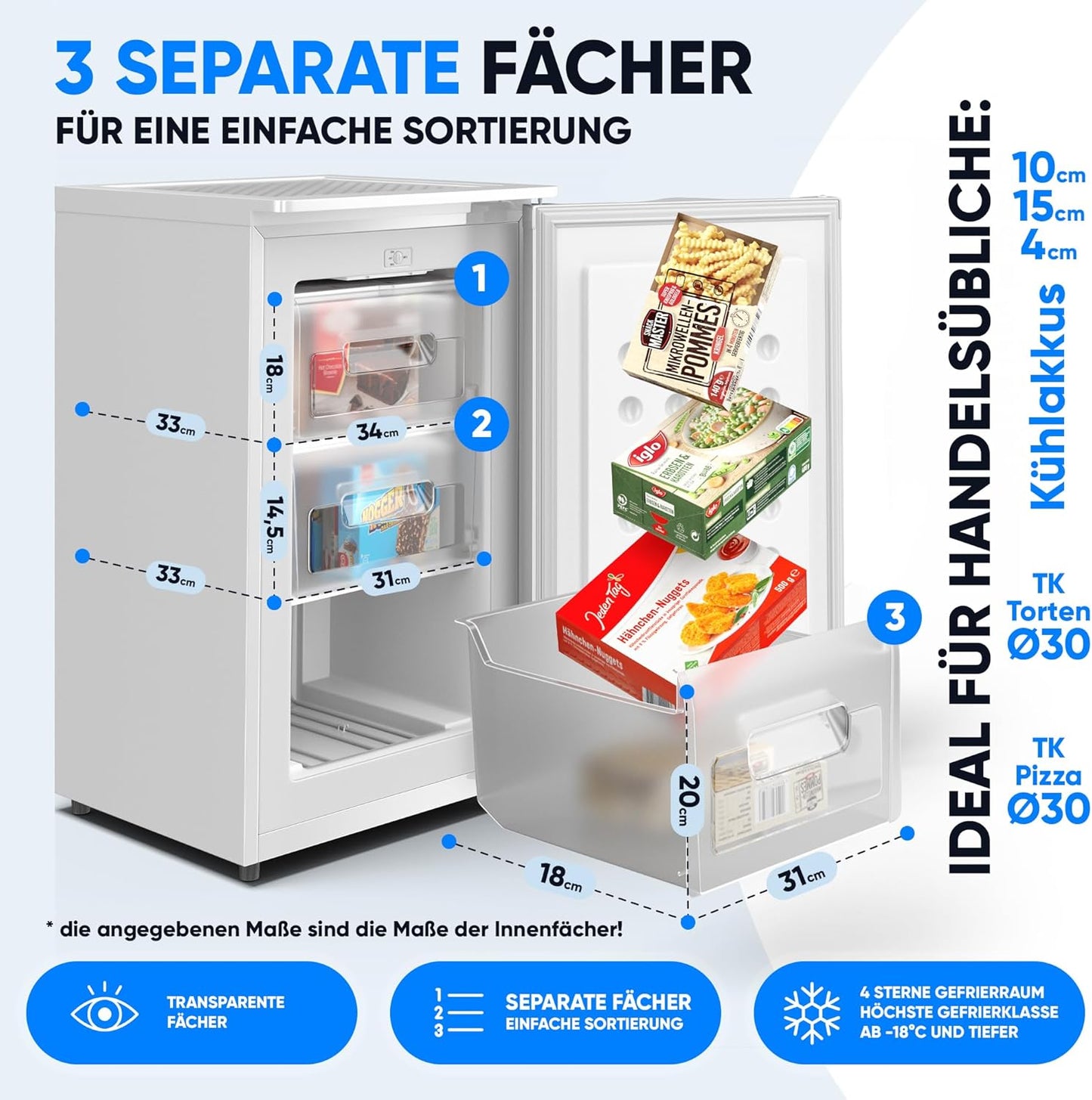 Stillstern freezer C (73L) 4-star freezer compartment -18°C, low energy consumption, 3 compartments, continuously adjustable temperature, reversible door hinge, small freezer, deep freezer