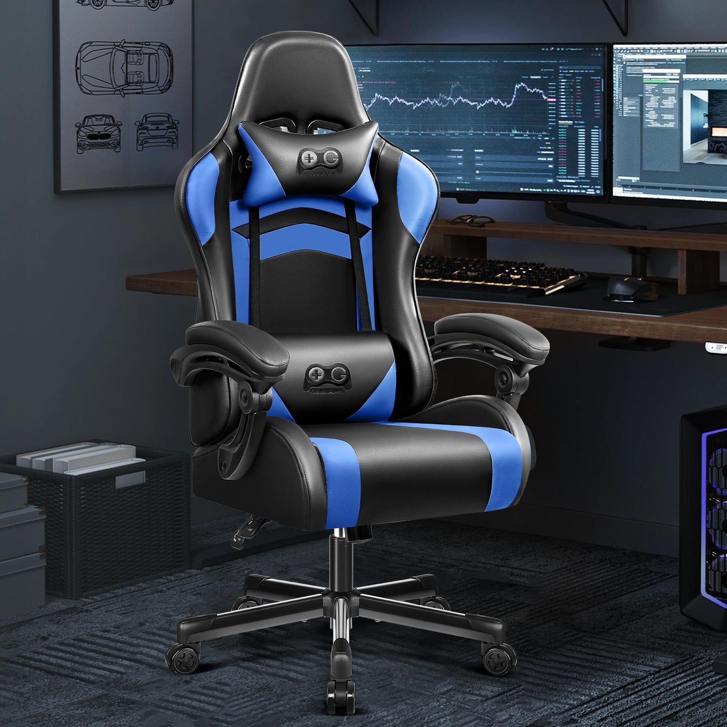 OneGame Ergonomischer Gaming Stuhl, hoher Rücken Computer Gamer Stuhl, höhenverstellbarer Game Stuhl, Racing Style Gaming Bürostuhl mit Kopfstütze und Lendenwirbelstütze, Schwarzweiß