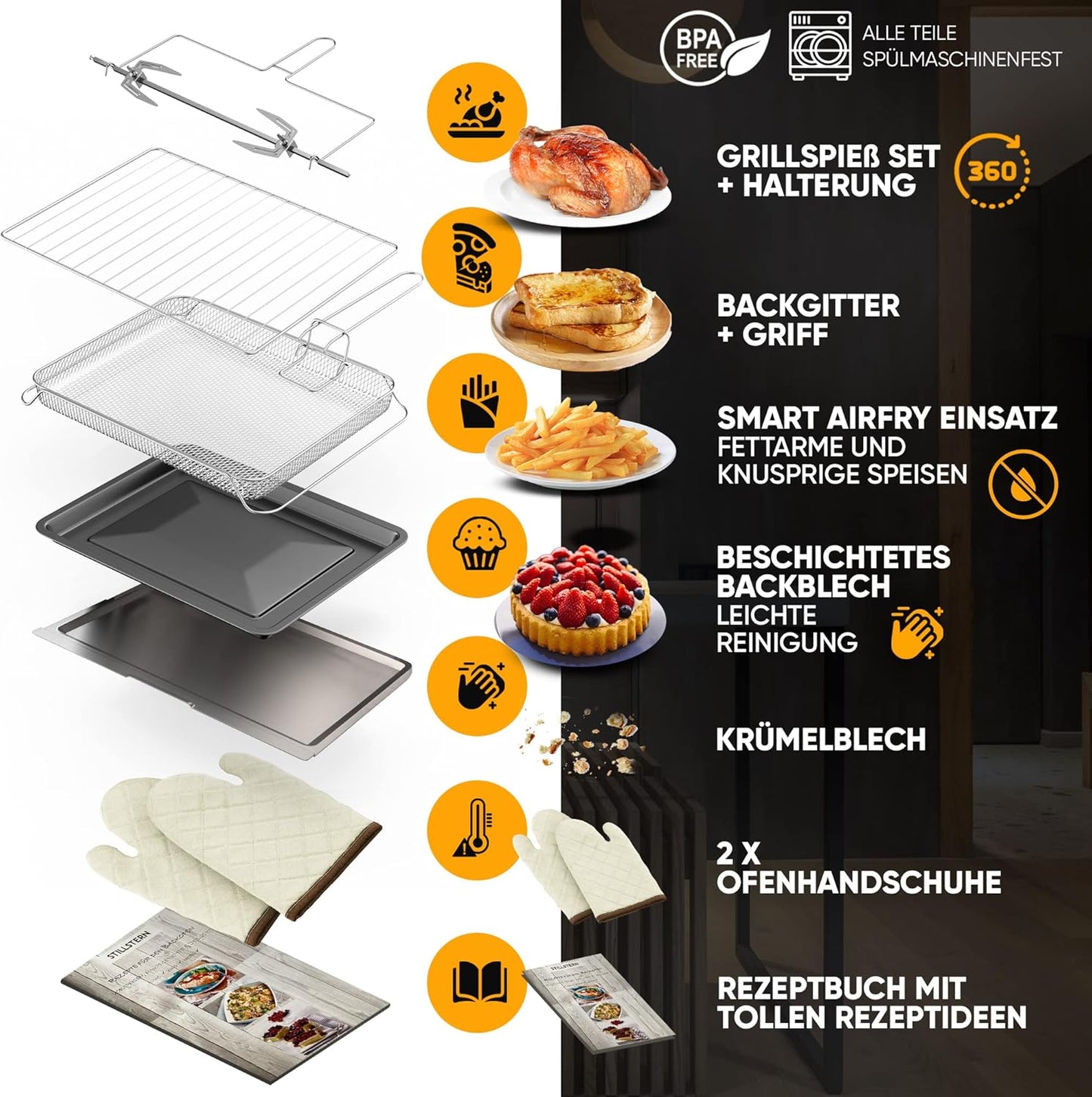 Digital mini oven with convection (45 litres) oven gloves ✓ Recipe book ✓ Double glass door ✓ 2000W ✓ LED display ✓ 13 programmes ✓ Rotary spit ✓ Crumb plate ✓ Timer ✓ Interior lighting