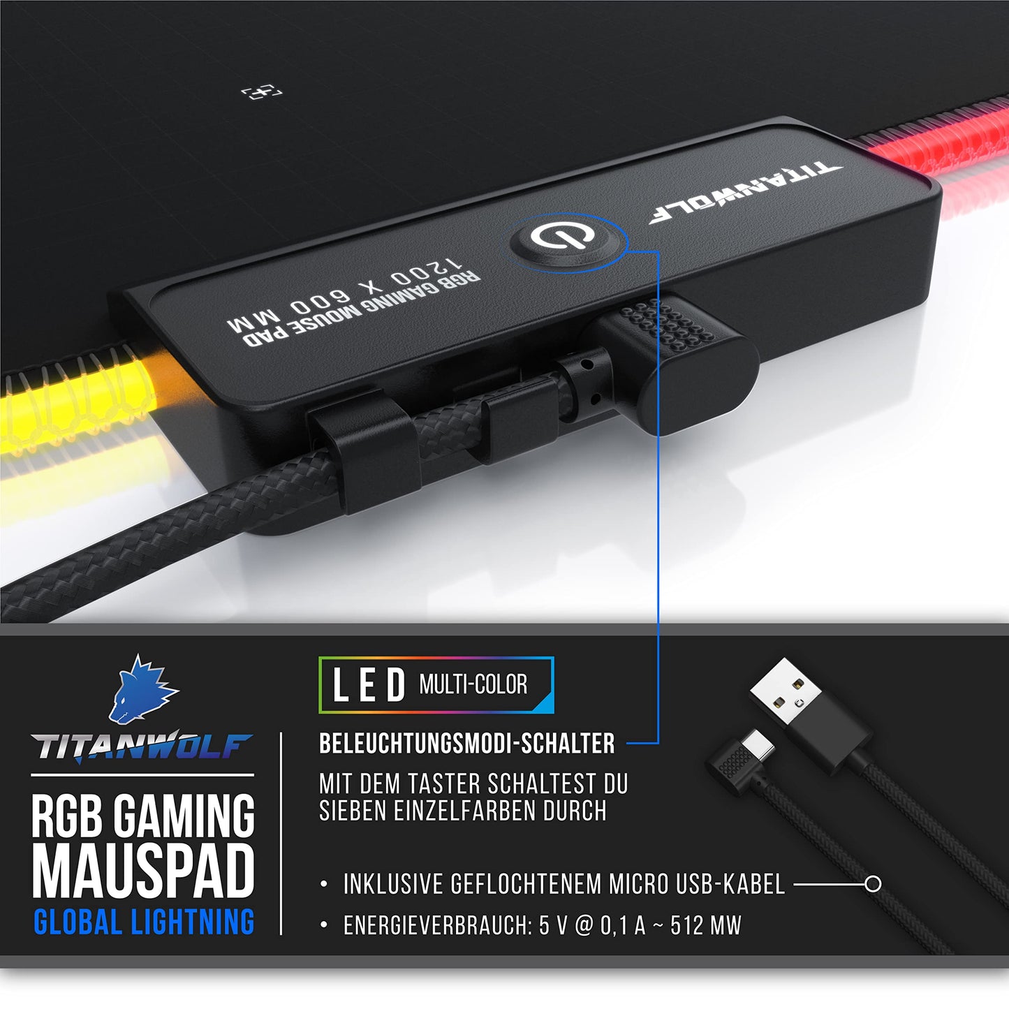 TITANWOLF - RGB Gaming Mouse Pad - LED Desk Pad - 800x300 mm - XXL Mouse Pad - LED Multi Color - 11 Lighting Modes - 7 LED Colors Plus 4 Effect Modes - Washable - Stars