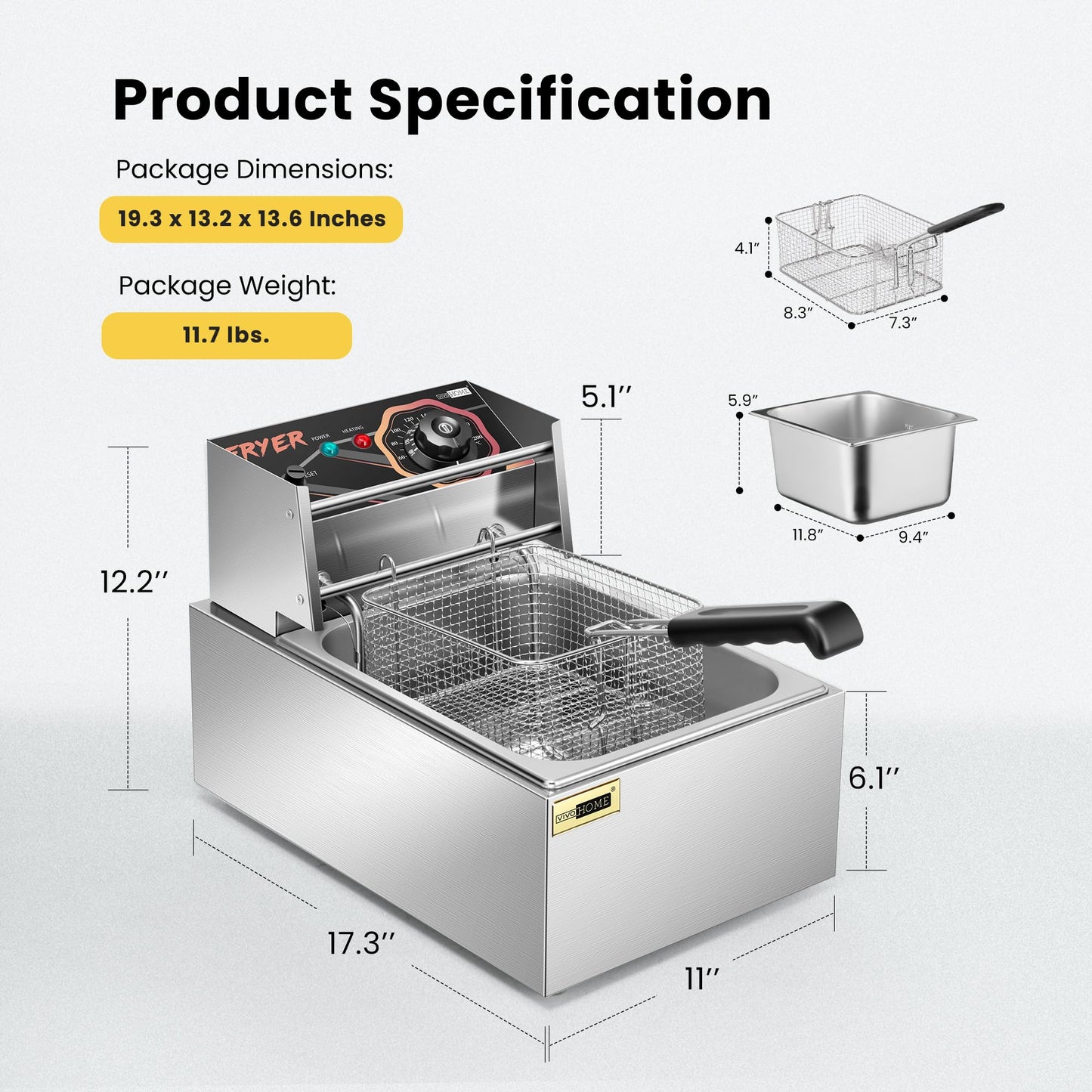 VIVOHOME 10L Öl-Fritteuse 2500W Professionelle Fritteuse mit stufenlosem Temperaturregelung Große Fritteuse für den gewerblichen und privaten Gebrauch