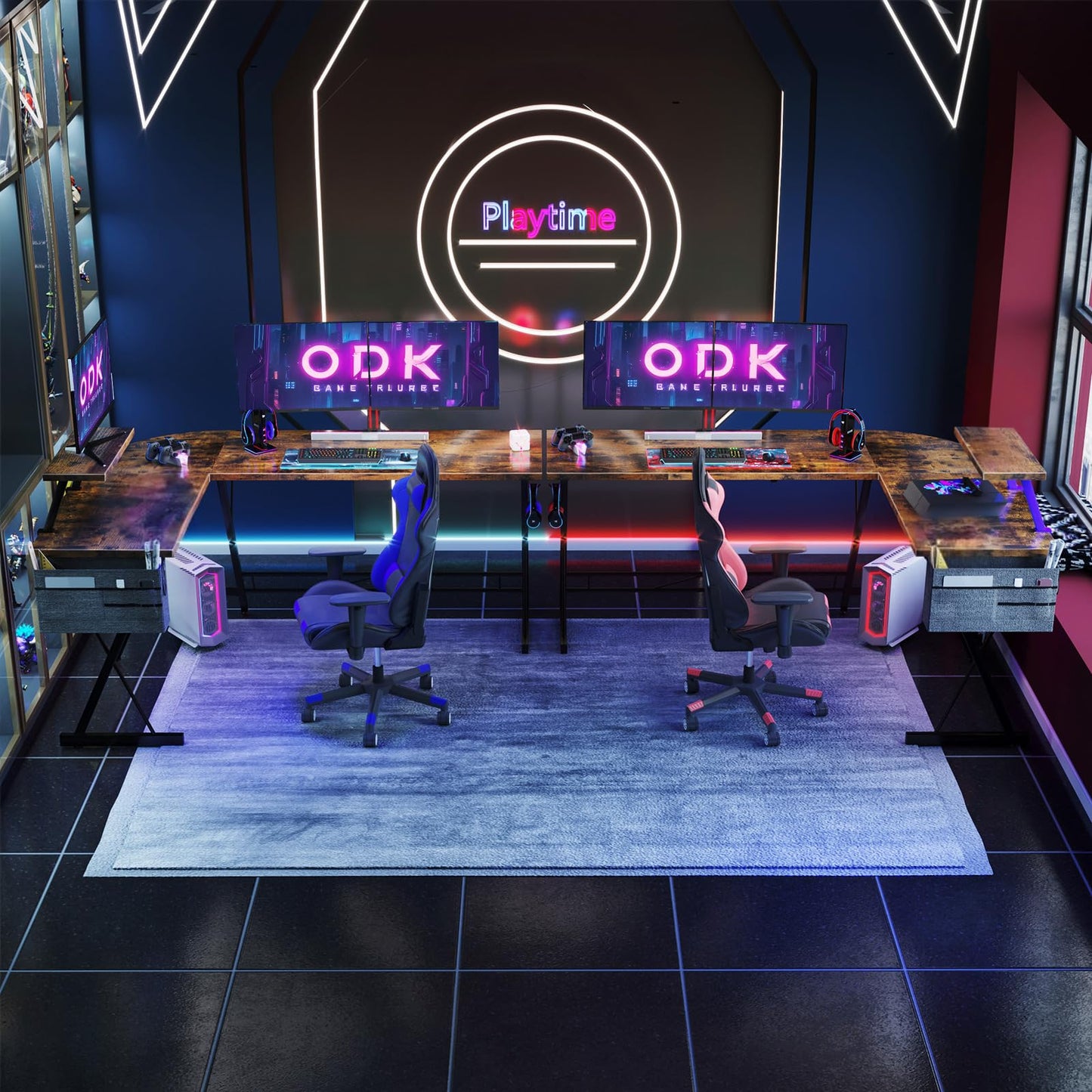 ODK Gaming Tisch, Gaming Schreibtisch Eckschreibtisch für Gamer, Schreibtisch L Form mit Monitorständer für Büro (Schwarz, 127 x 127 cm)