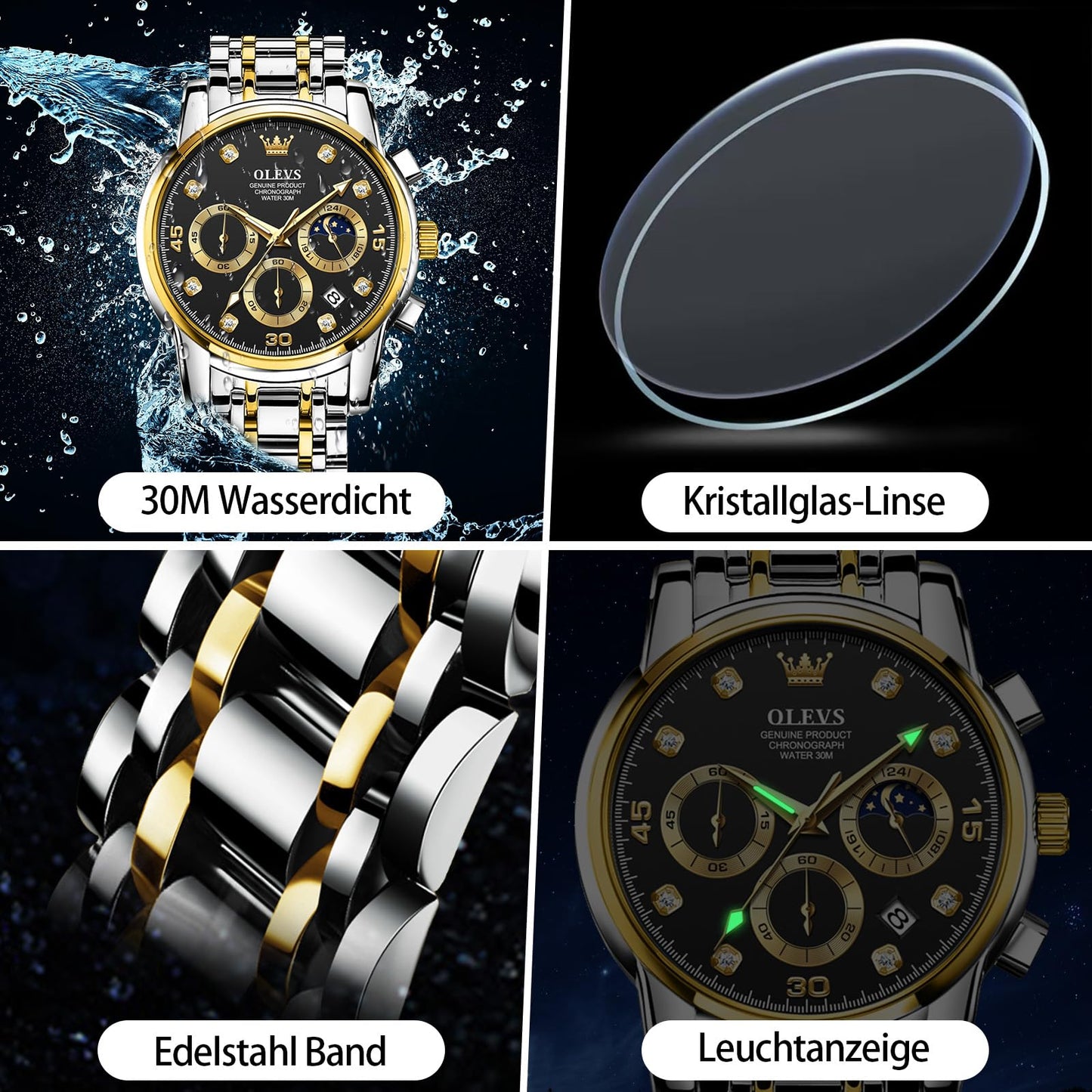 OLEVS Uhren Herren, Edelstahl Analoger Quarzuhr, Multifunktionale Diamanten Herrenuhren, Klassisches Luxuskleid Herrenuhr