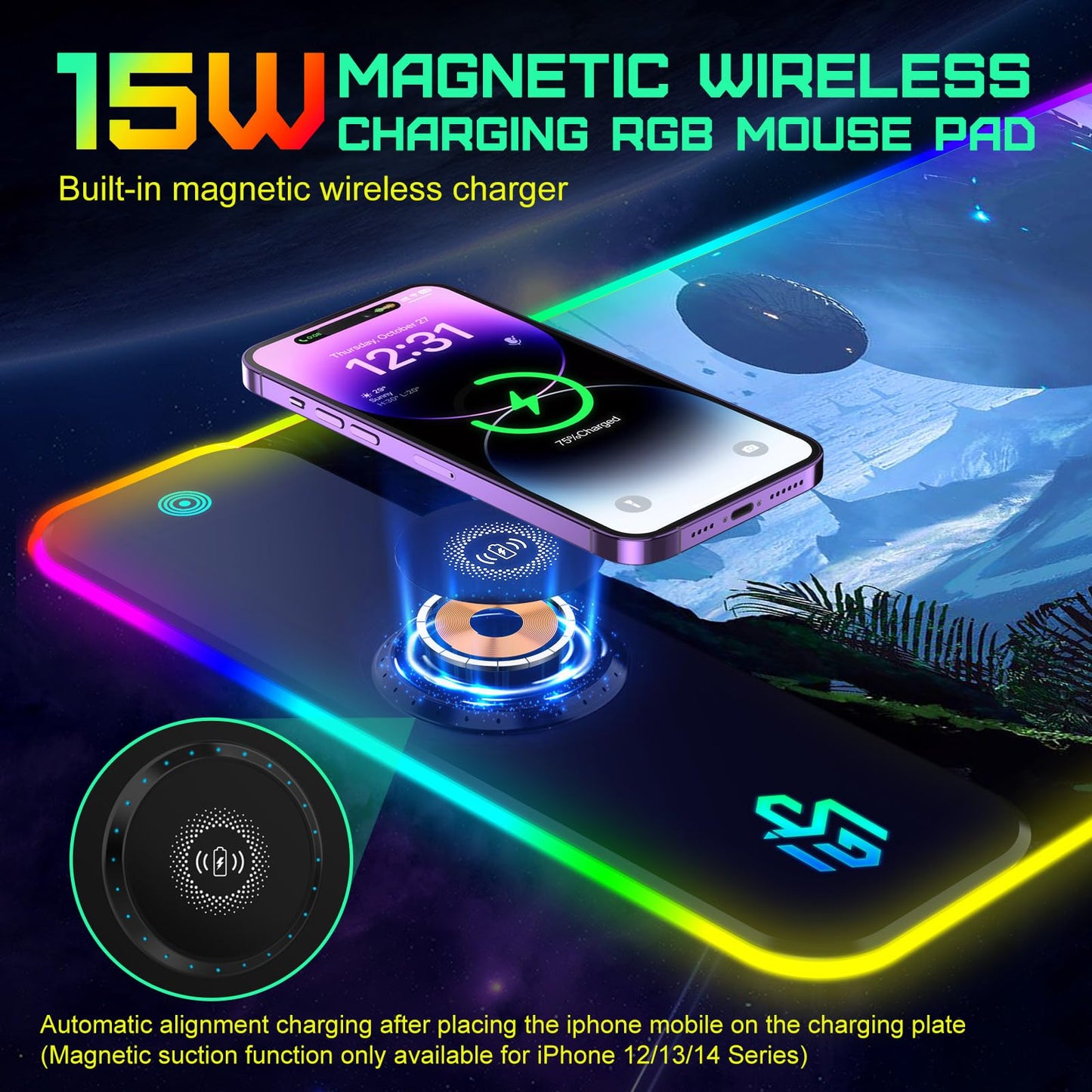 RGB Gaming Mauspad 15W Qi Mousepad LED, 10 Beleuchtungsmodi mit 15W Schnellladung Qi Kabelloses Laden für I-Phone Handy, Kopfhörer, Wasserdicht, rutschfest für Gaming, Schreibtische, PC und Büro