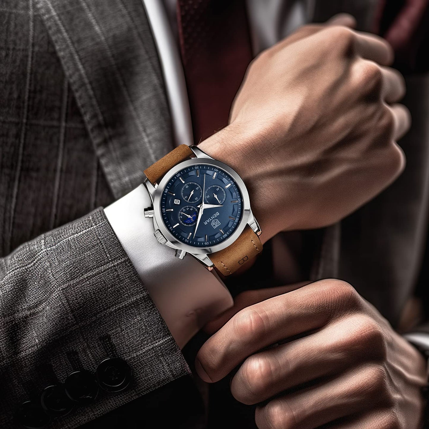 BY BENYAR Uhren Herren Chronograph Analog Quarz Wasserdicht Armbanduhr Herren Mode Lässig Business Herrenuhr mit Kalender Lederarmband/Edelstahlarmband Uhr Geschenk für Männer