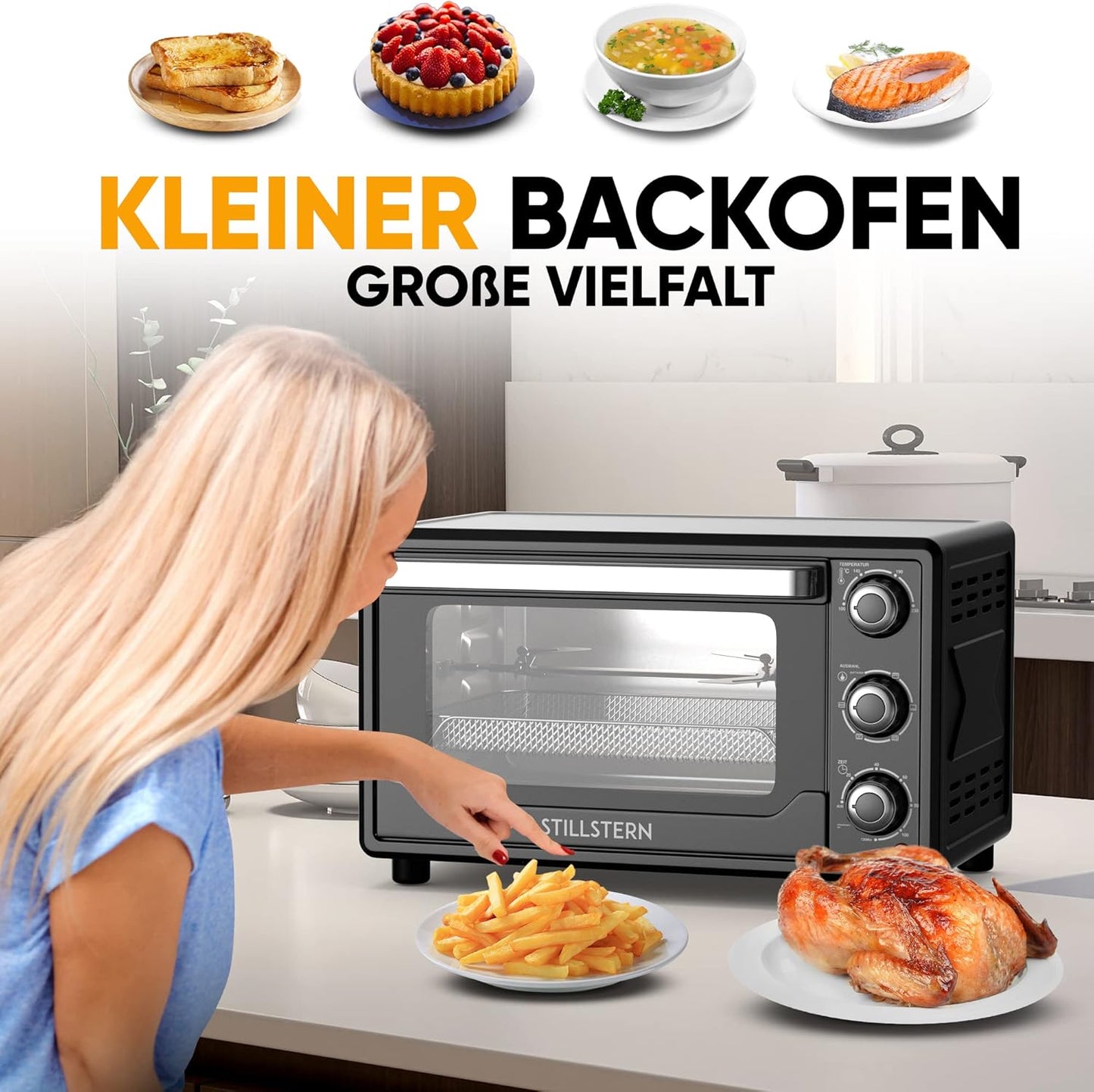 Stillstern Minibackofen mit Umluft (25L) NEU: CYCLONE PRO+ (Antihaftbeschichtung), DE Version, Airfryer-Einsatz, Rezeptheft, Drehspieß, 1500W Toaster Grill Pizzaofen Mini Backofen Ideal für Camping