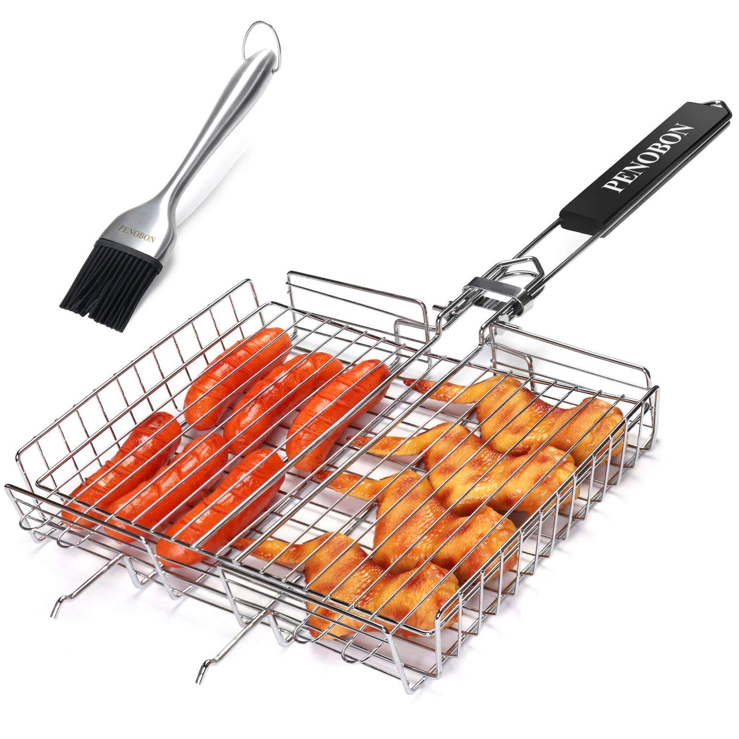 penobon Fisch-Grillkorb, faltbar, tragbarer Edelstahl-Grillkorb für Fischgemüse, Garnelen mit abnehmbarem Griff, mit Backpinsel und Aufbewahrungstasche (Tipo 1)