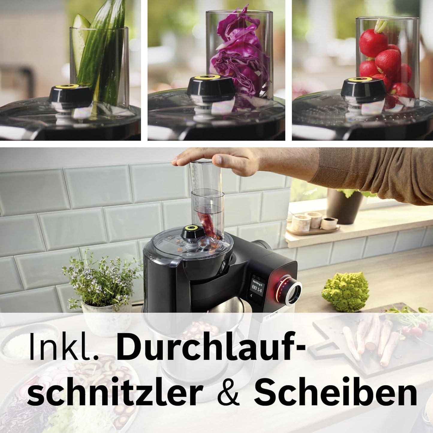 Bosch Küchenmaschine Serie 6 MUMS6ZS13D, NEU, Automatikprogramme, integr.1g Waage, 5,5l Schüssel, Durchlaufschnitzler, Scheiben, Knethaken/Rührbesen/Silikonbesen, spülm.fest, 1.600 W, silber/schwarz
