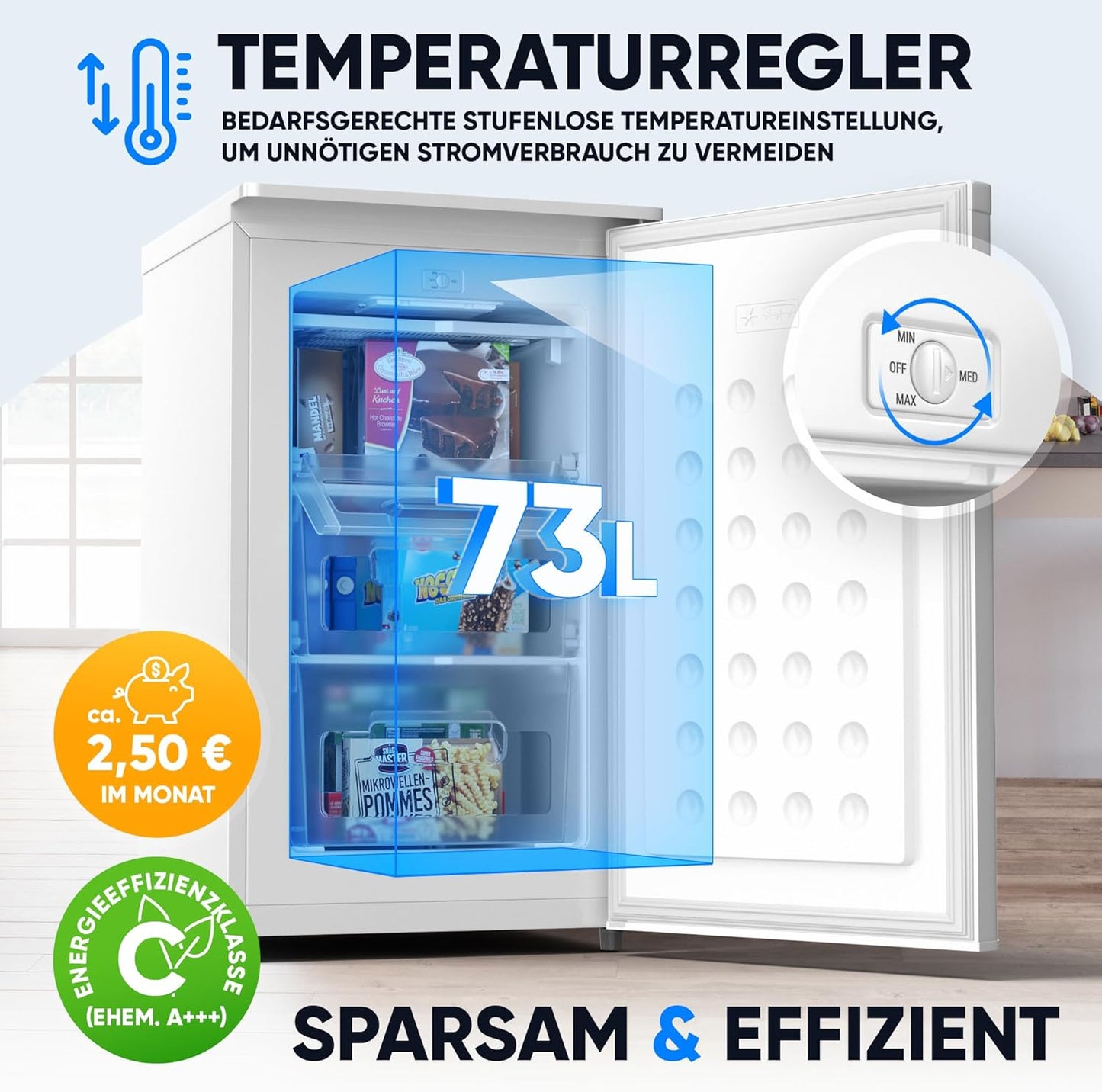 Stillstern freezer C (73L) 4-star freezer compartment -18°C, low energy consumption, 3 compartments, continuously adjustable temperature, reversible door hinge, small freezer, deep freezer