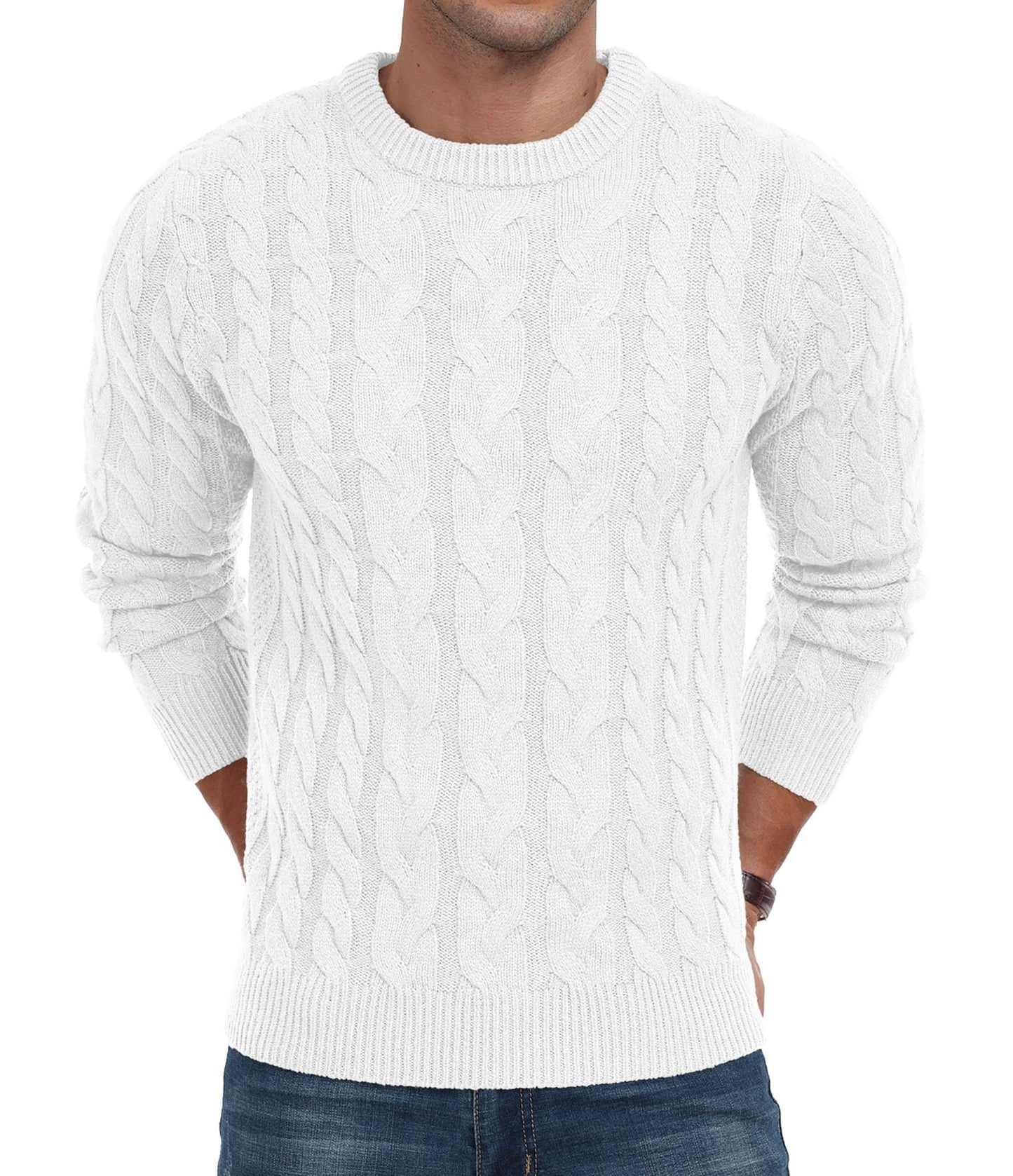 QIXING Men’s Cable Knit Sweater – Chunky Crewneck Pullover