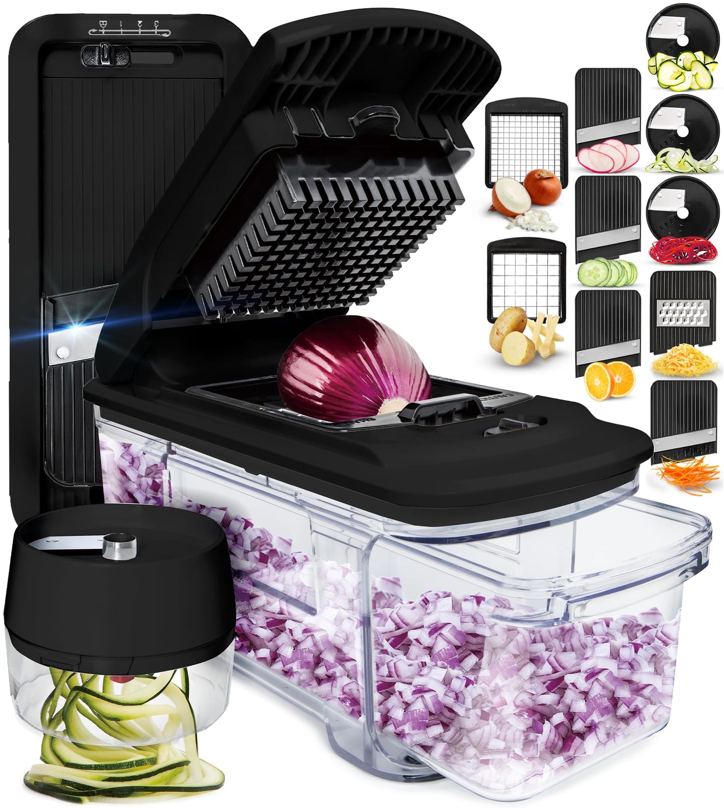 Gemüseschneider Mandoline Gemüsehobel - Gemüse Schneider Gurkenhobel Zwiebelschneider Kartoffelschneider Obstschneider - Reibe für Gemüse und Käse - Julienneschneider (6-in-1 Kompakt Weiß)