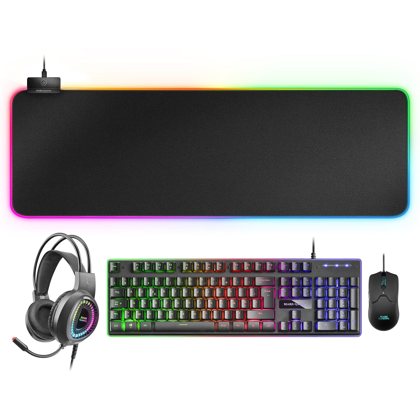 MARSGAMING MCP-RGB3, Pack Gaming Keyboard Fixed RGB + Gaming Mouse RGB Flow 3200 DPI + Headset Over-Ear RGB + XXL Mouse Pad, White, Portuguese Language