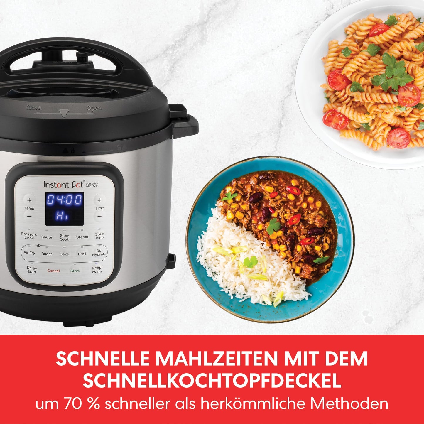 Instant Pot Duo Crisp + Heißluftfritteuse 11-in-1 Elektro-Multikocher - Schnellkochtopf, Luftfritteuse, Schongarer, Dampfgarer, Dehydrator mit Grill, Warmhalte- und Backfunktion, Edelstahl
