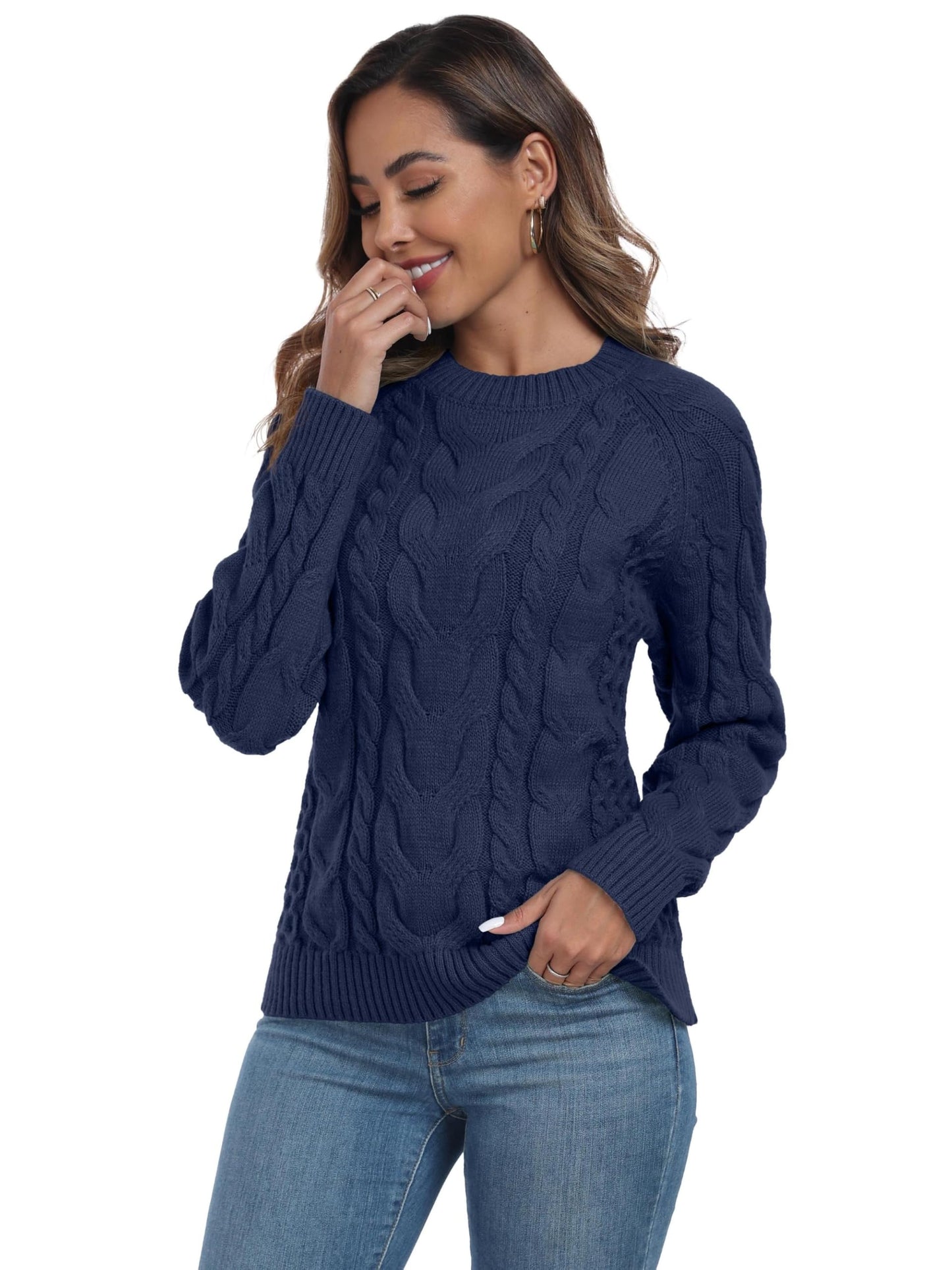 QIXING Women's Cable Knit Sweater – Elegant Long Sleeve Round Neck Winter Pullover