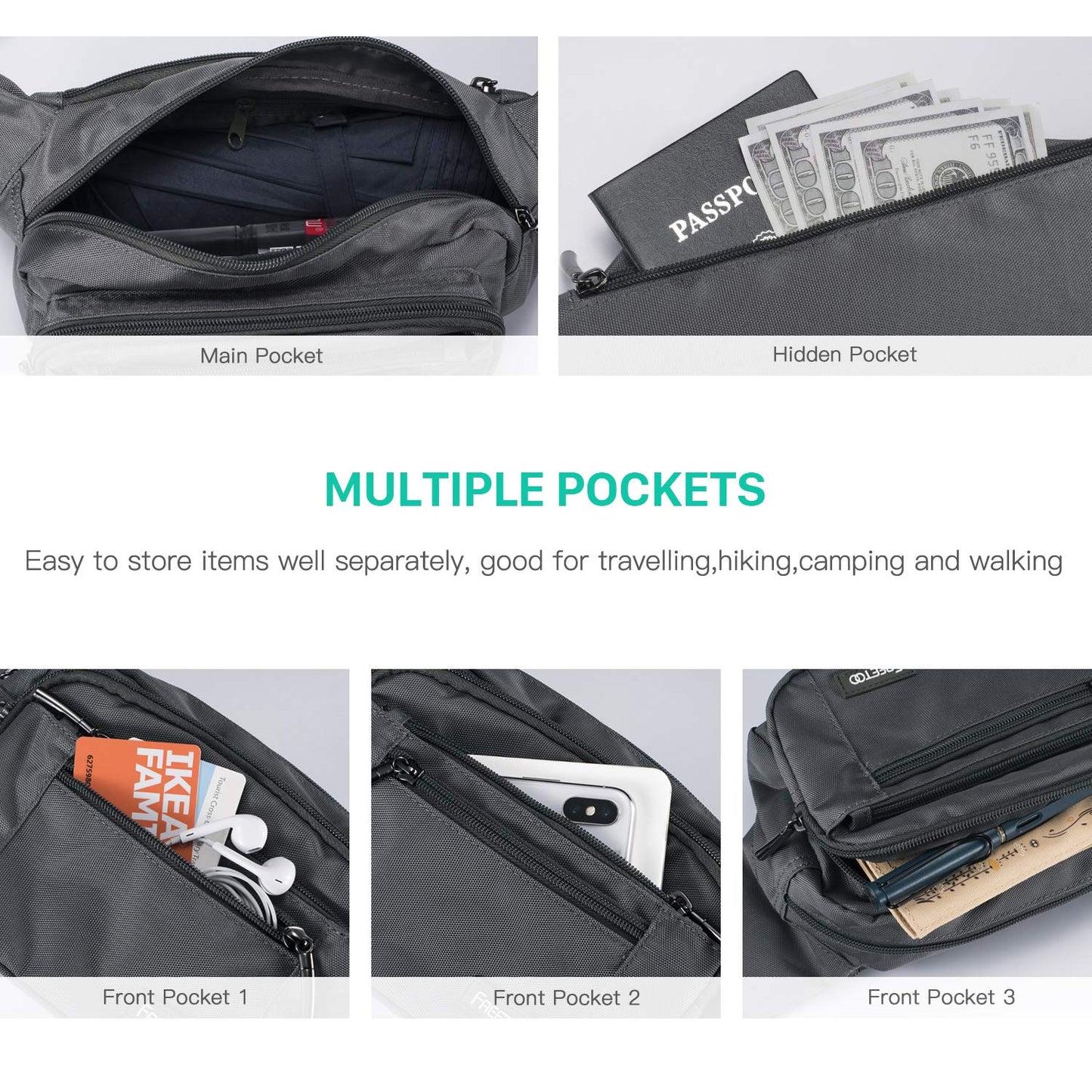 FREETOO Waist Bag – Waterproof Fanny Pack with 6 Zippered Pockets