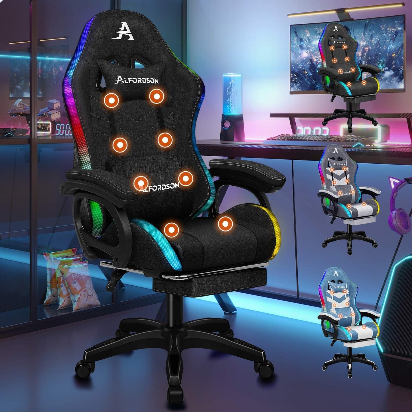 ALFORDSON Gaming Stuhl mit 8-Punkt Massage 12 Farben RGB LED-Licht, Bürostuhl Ergonomisch mit fußstützen, Kopfstütze Lendenkissen für Kinder Erwachsene, Schwarz