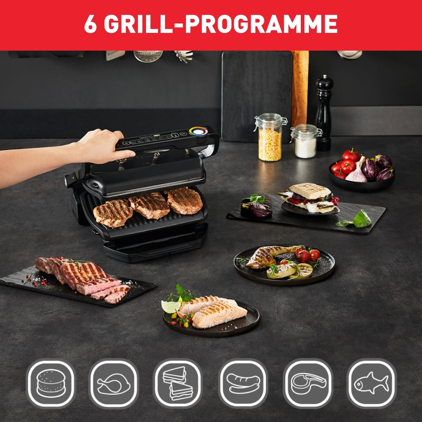 Tefal OptiGrill contact grill, 6 programs, cooking level indicator, removable plates, manual mode, electric grill, black, GC705816