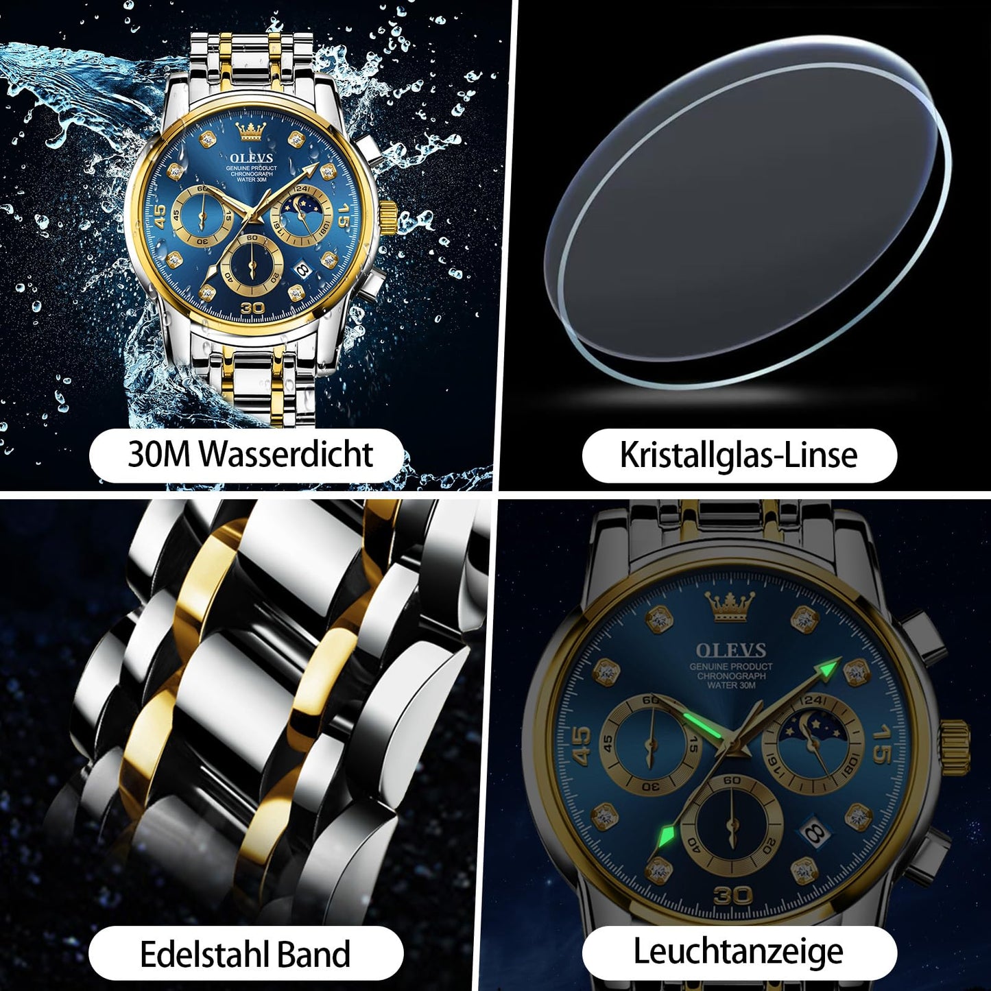 OLEVS Uhren Herren, Edelstahl Analoger Quarzuhr, Multifunktionale Diamanten Herrenuhren, Klassisches Luxuskleid Herrenuhr