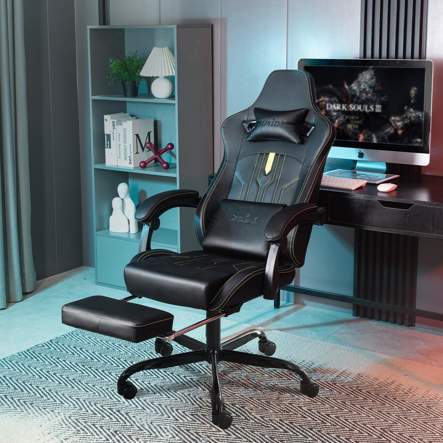 SUKIDA Gaming Stuhl Computerstuhl Ergonomischer Gaming Chair mit Fußstütze Bürostuhl Ergonomischer Computerstuhl mit Lendenwirbelstütze Schwarz