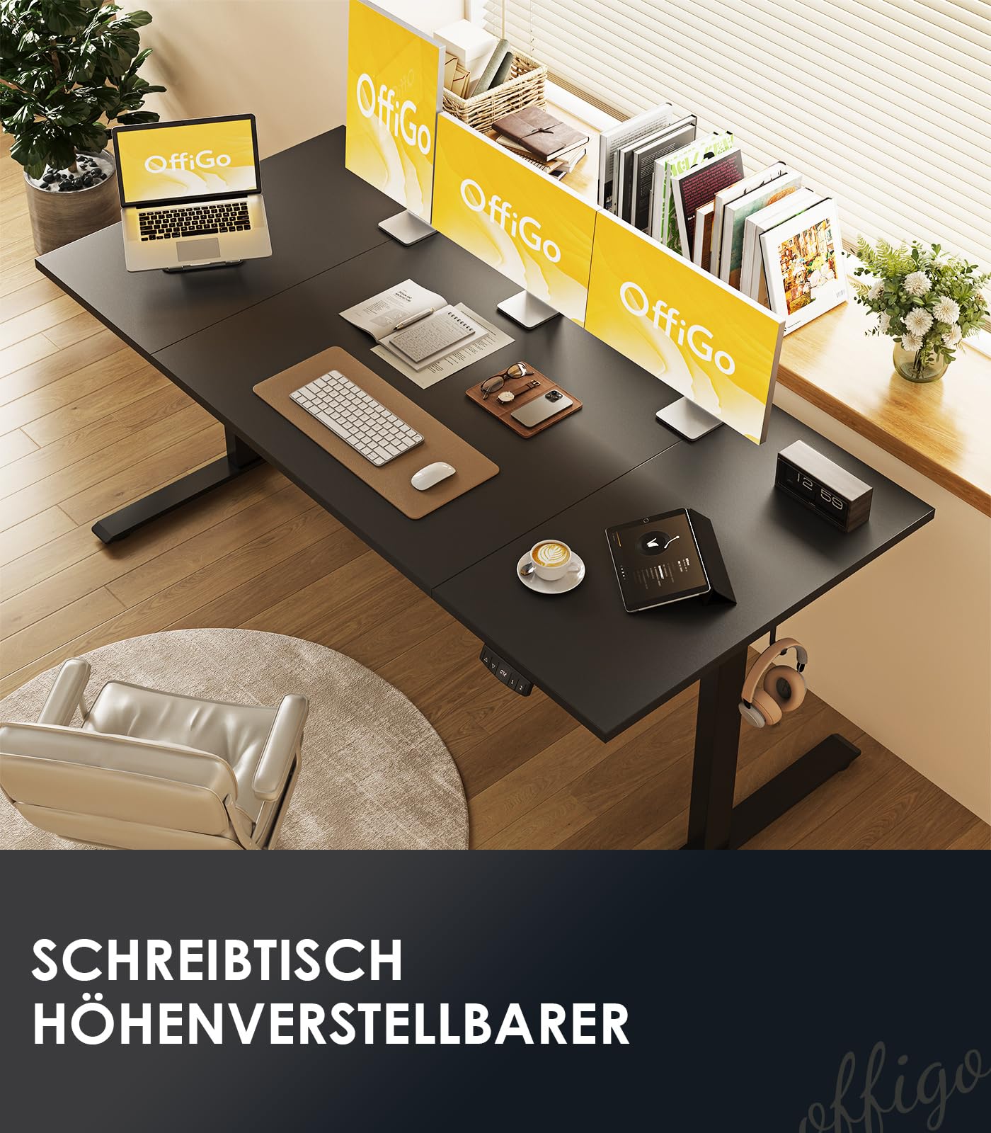 OffiGo Höhenverstellbarer Schreibtisch, 120 cm Elektrischer Schreibtisch, Ergonomischer Tisch mit Memory-Funktion, Gaming Tisch Höhenverstellbar, Moderner Computertisch für Zuhause und Büro, Weiß