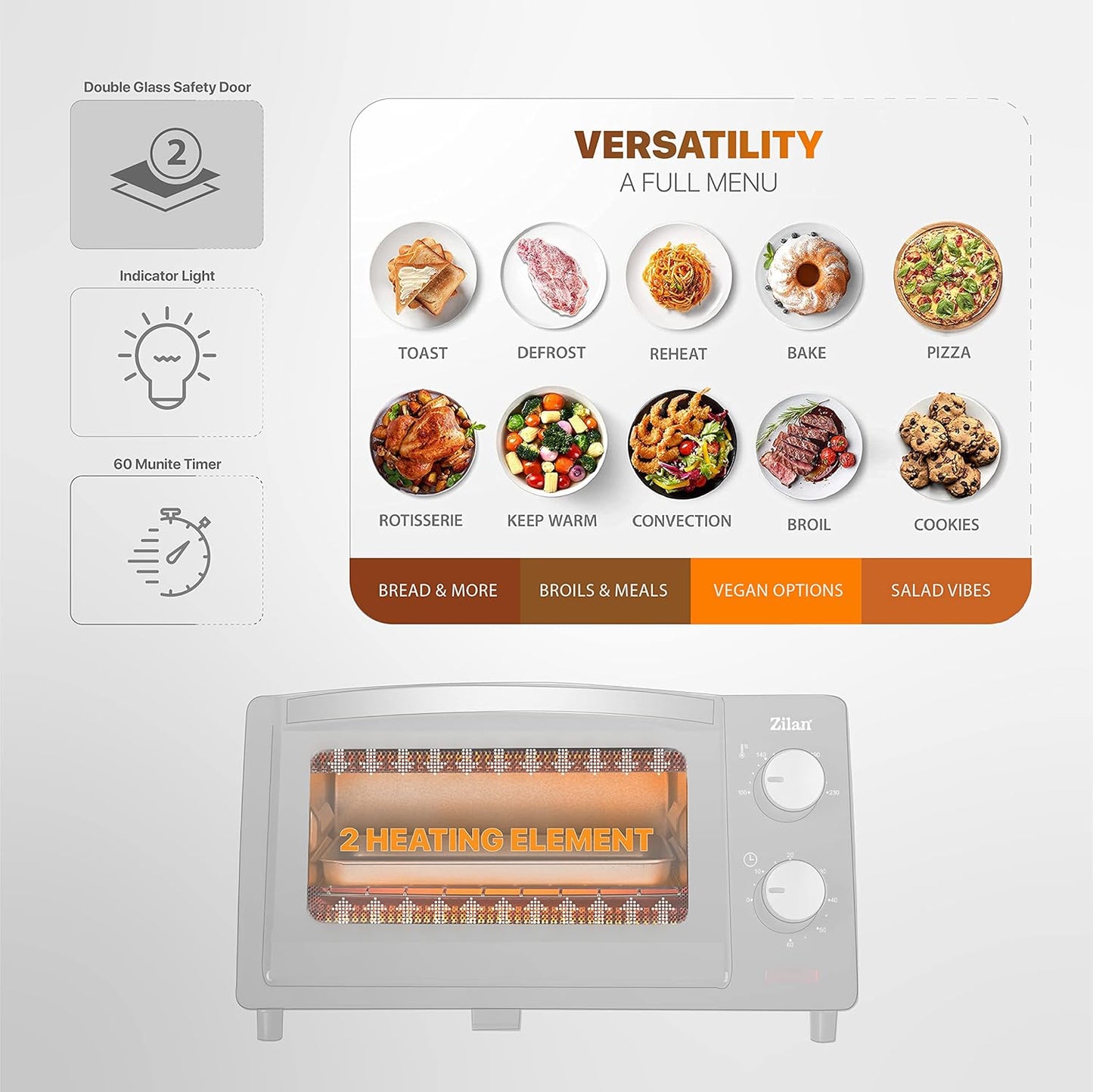Zilan Elektro-Backofen, 9 l, Doppel-Sicherheitsglas, Timer, 2-teilig, Quarzwiderstand, Krümelplatte, 1 quadratische Platte, verchromtes Grill, 800 W