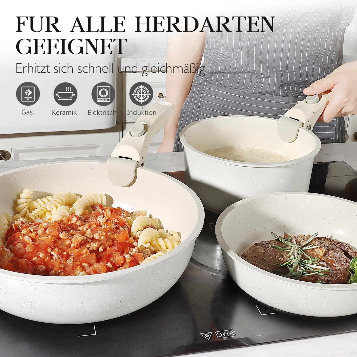 GiPP Topfset mit Abnehmbarer Griff, 11-Teilig Topf und Pfannenset mit Antihaft Beschichtet, Topfset Induktion Kochtopf Set, Backofenfest, für Alle Herdarten, PTFE/PFOA-frei, Weiß