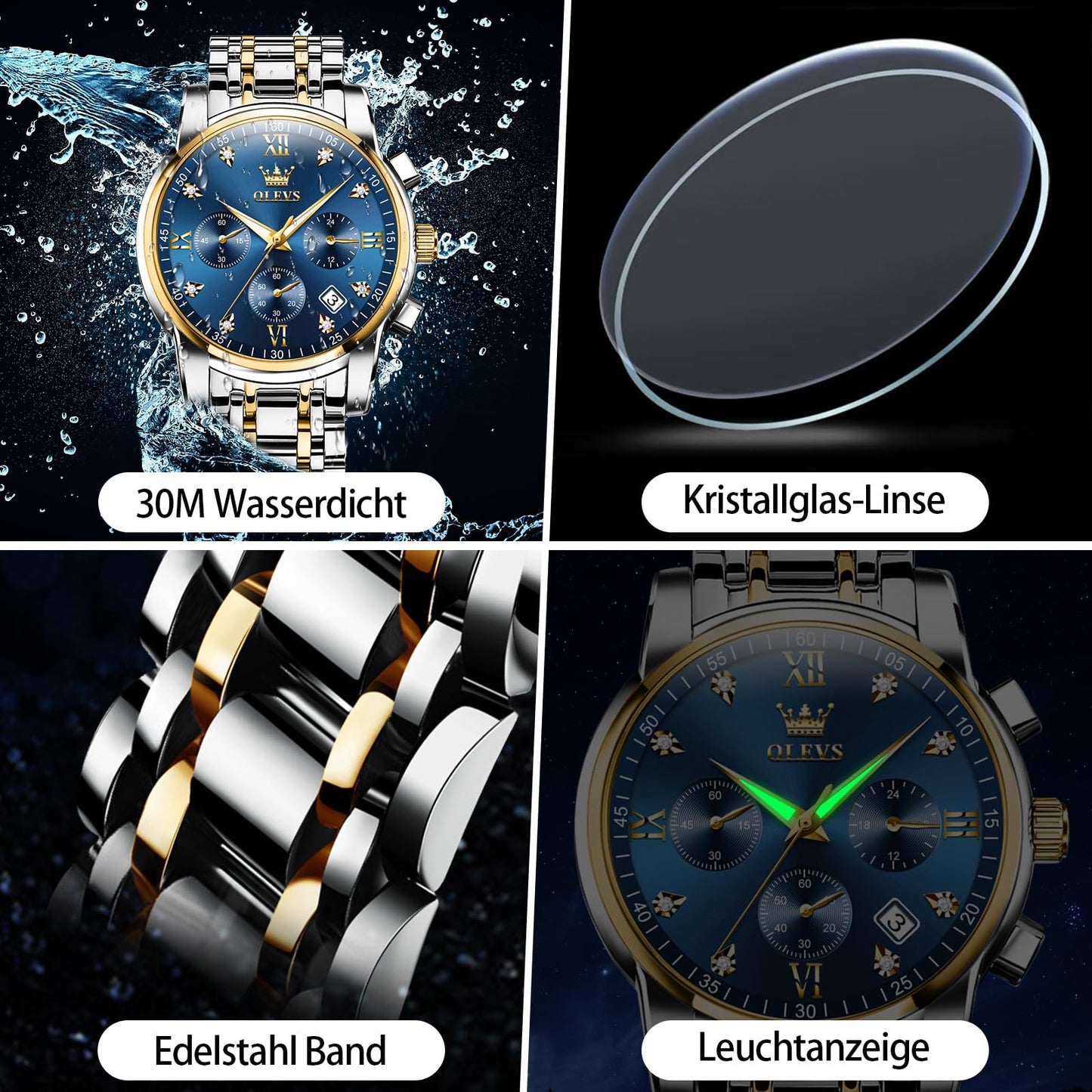 OLEVS Uhren Herren, Edelstahl Analoger Quarzuhr, Multifunktionale Diamanten Herrenuhren, Klassisches Luxuskleid Herrenuhr