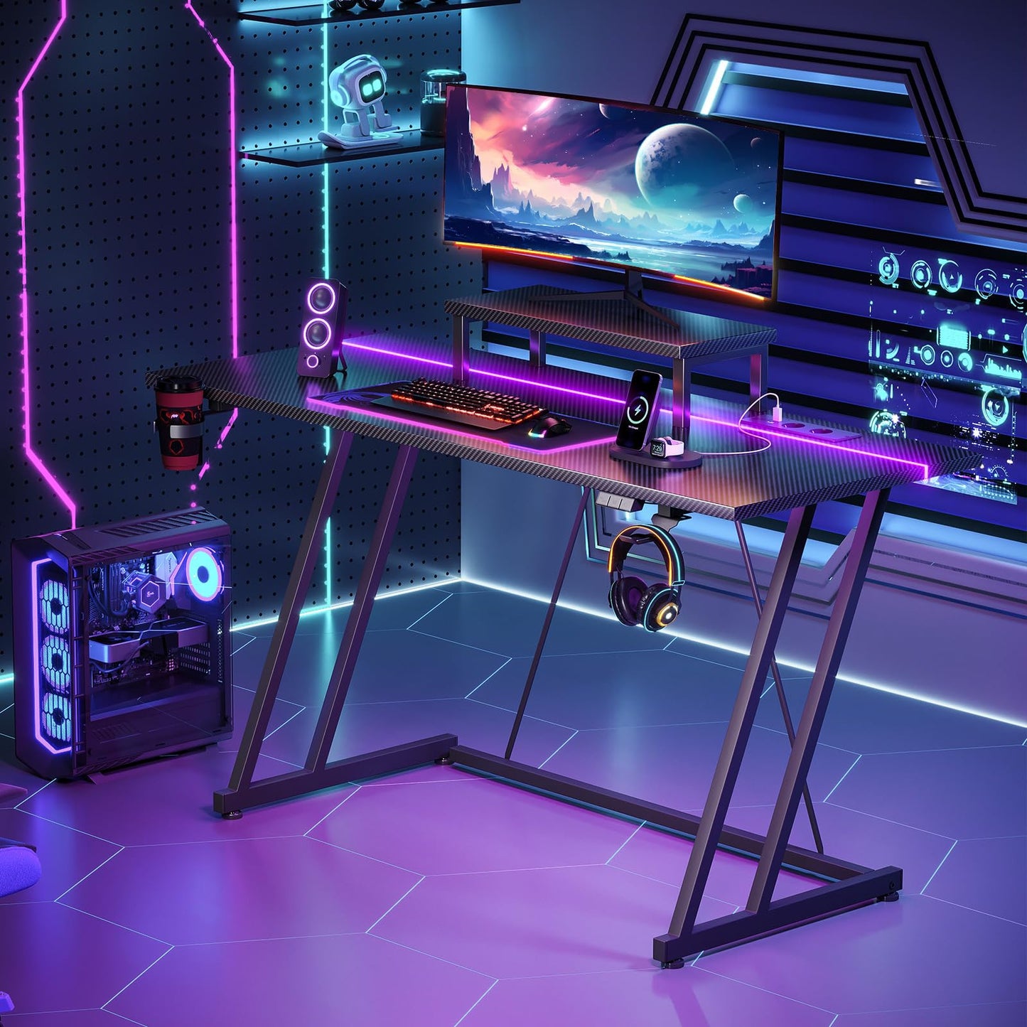 ODK Gaming Tisch mit LED & Steckdose, Gaming Schreibtisch mit Becherhalter und Kopfhörerhaken, Doppel-Z-Rahmen-Design Kleiner Computertisch, Carbon Fiber Schwarz PC Tisch 120 cm
