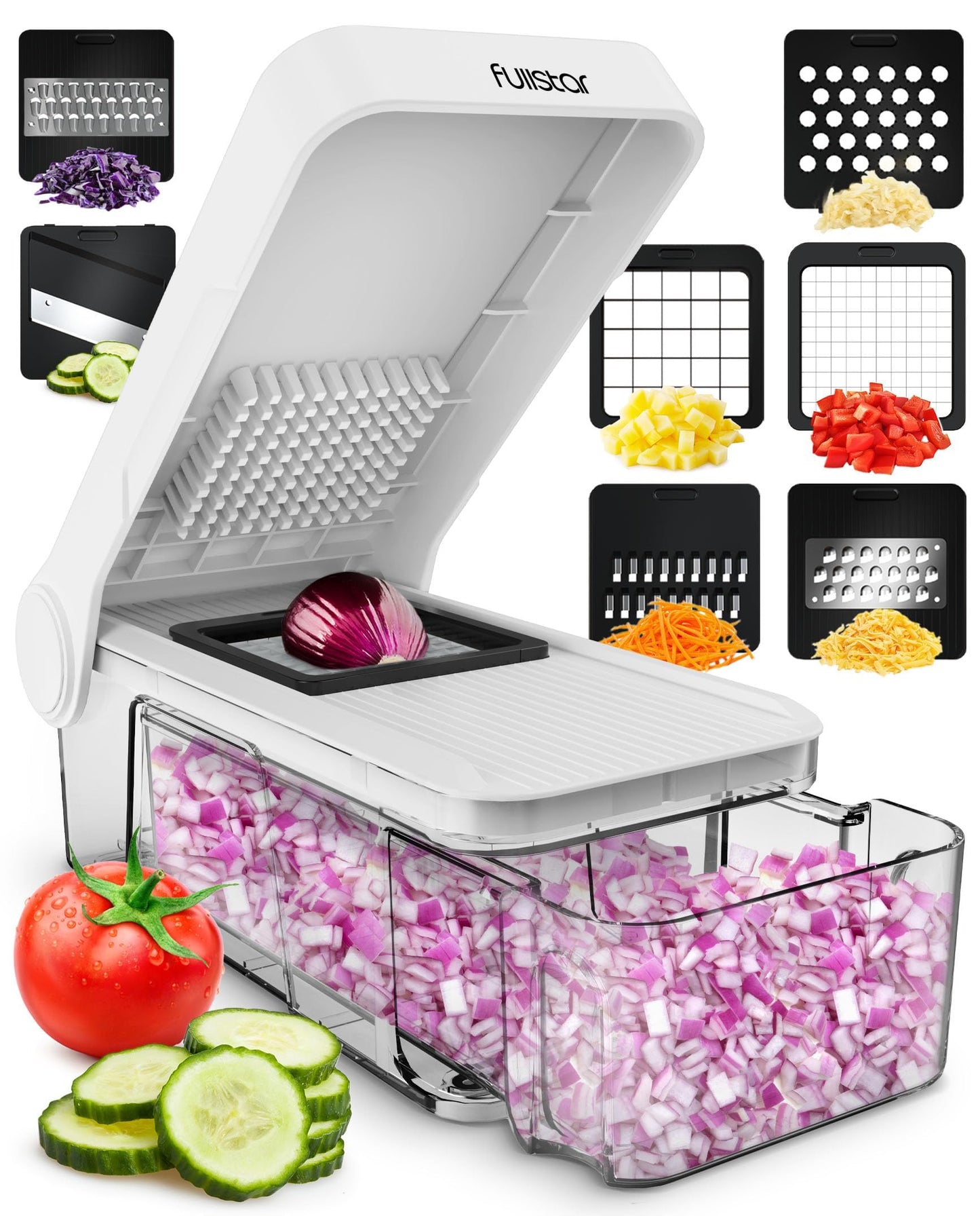 Gemüseschneider Mandoline Gemüsehobel - Gemüse Schneider Gurkenhobel Zwiebelschneider Kartoffelschneider Obstschneider - Reibe für Gemüse und Käse - Julienneschneider (6-in-1 Kompakt Weiß)