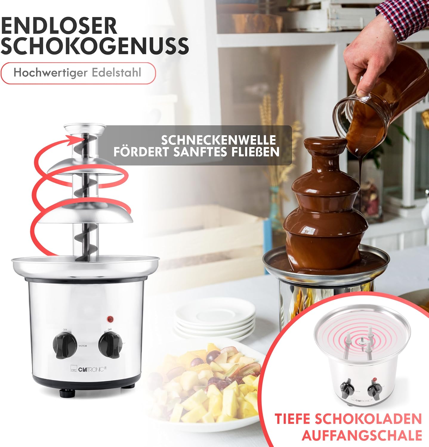 Clatronic® Schokobrunnen mit exzellentem Schokofluss | für Früchte und Gebäck I Schokoladenbrunnen leicht zu reinigen | Schokobrunnen mit Schmelzfunktion I Schokoladenbrunnen klein I SKB 3248