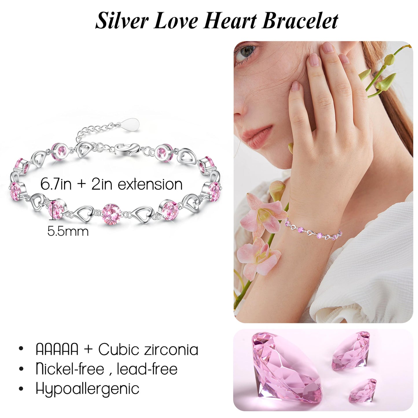 Silver Heart Bracelet for Women & Girls – Adjustable Zircon Tennis Chain