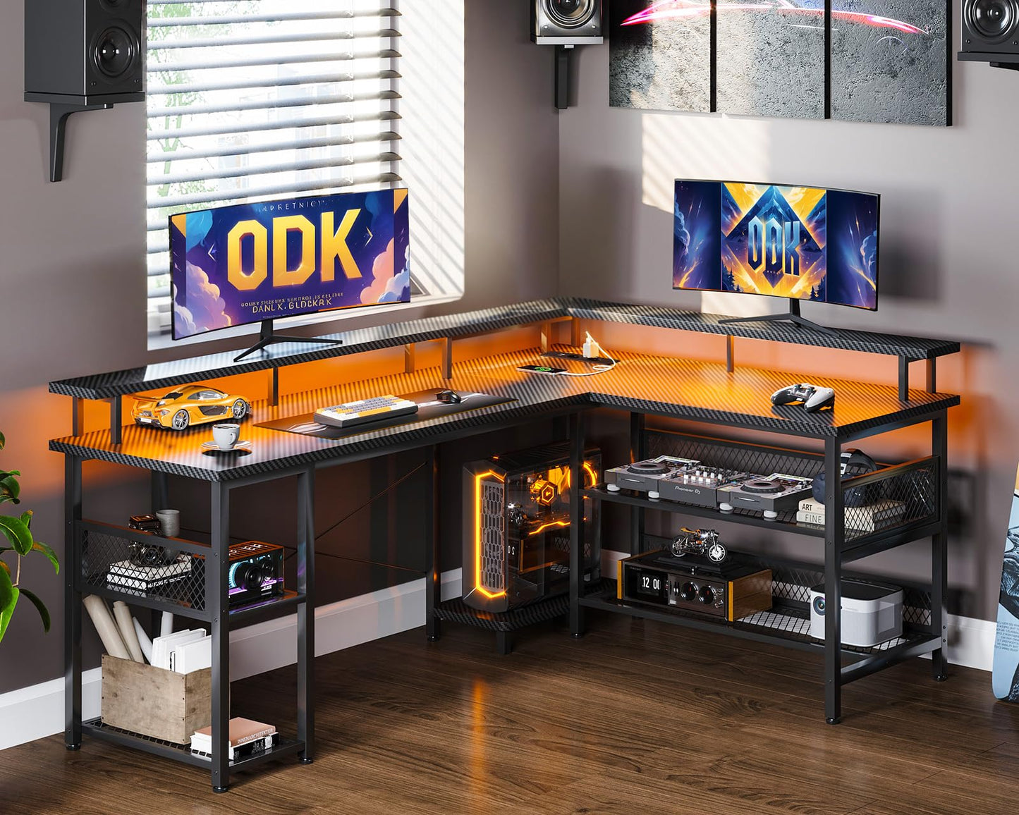 ODK Gaming Tisch mit LED, Reversibel Gaming Schreibtisch mit 2 Steckdosen & 2 USB-Ladeanschlüssen, Eckschreibtisch Groß mit Netzablage, Schwarz 150×102cm