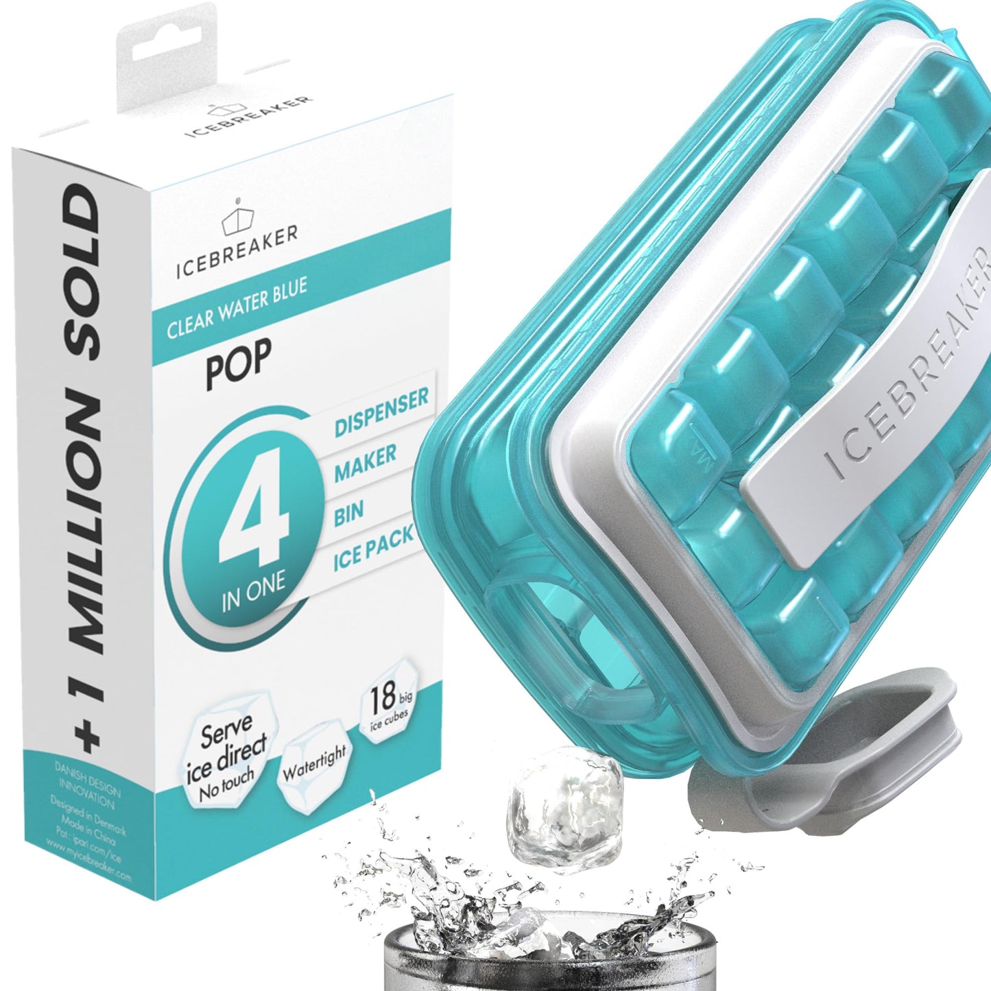 ICEBREAKER POP 2.0 ice cube tray - Make and serve ice without touching the ice - The hygienic ice container for the freezer - Silicone container with lid - 18 ice cubes (2 pieces)