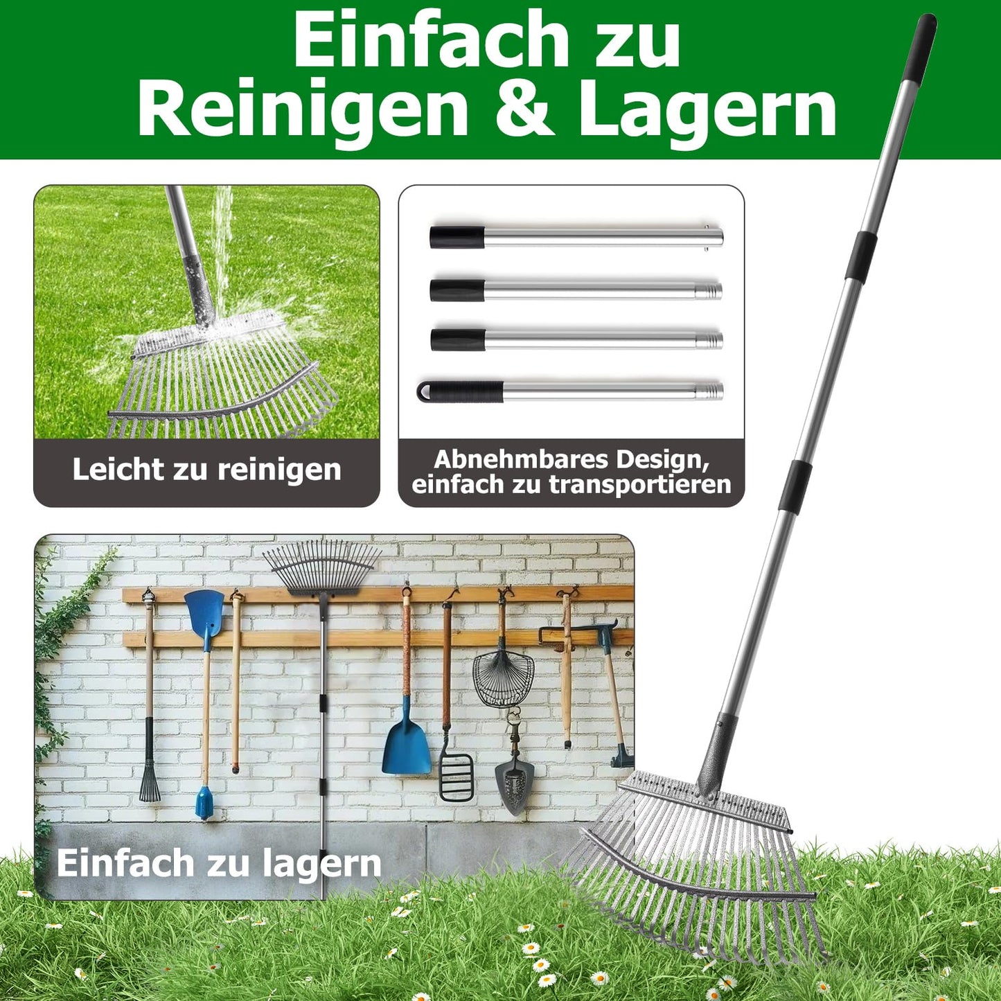 25-Zinken Garten Rechen für Laub, Rasen & Gras, Verstellbarer Langer Stiel Laubrechen, Breiter Metall-Rechenkopf, Ergonomisches Design, Effiziente Reinigung Laubsammler für Garten, Rasen, Moos