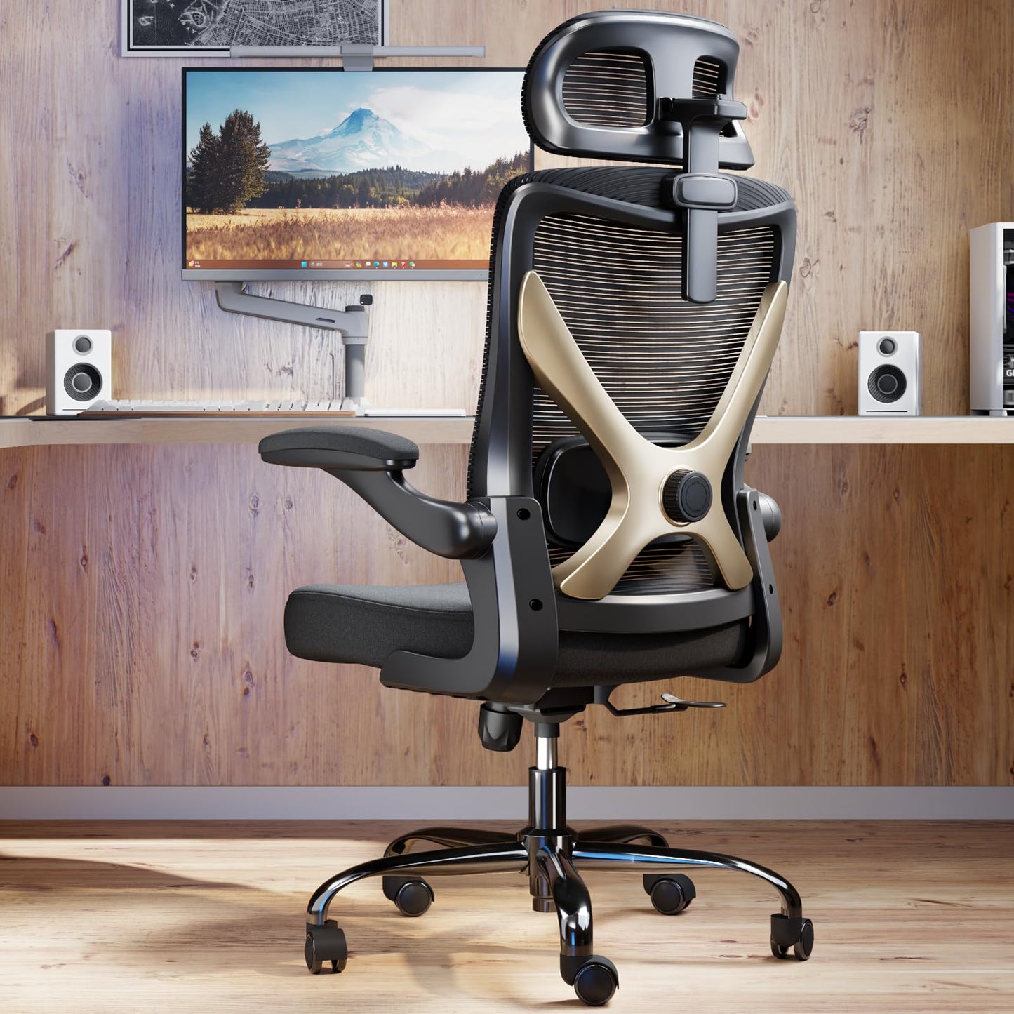 TRALT Ergonomischer Bürostuhl - X-förmiger bequemer Computer-Bürostuhl, Gaming-Stuhl, Bürostuhl mit Lendenwirbelstütze, Netz-Bürostuhl mit Kopfstütze (Grau-Silber)