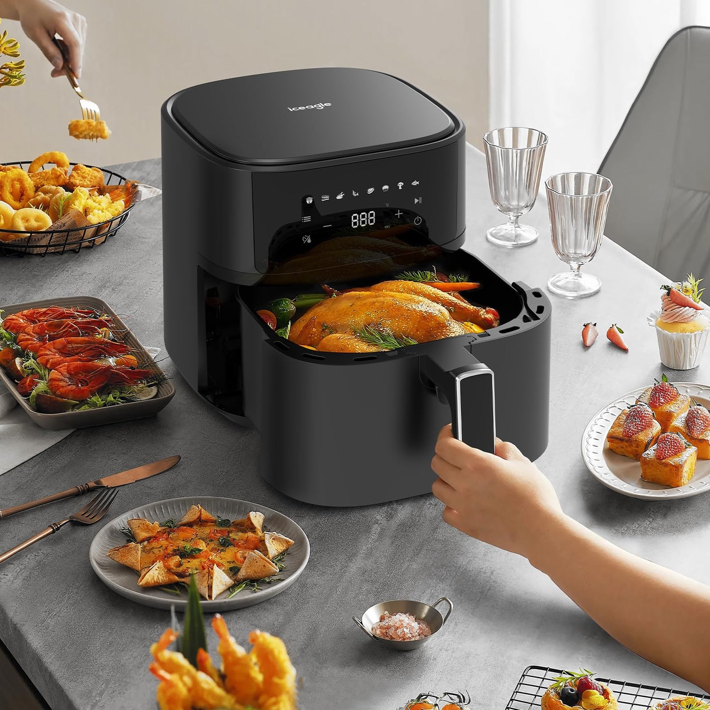iceagle Heißluftfritteuse 6,5 L Airfryer XL - Fritteuse Ohne Fett mit Metallinnenraum | 1700W Heissluftfriteuse mit 8 Kochprogramme, Digitalem Display, mit deutschem Rezeptbuch