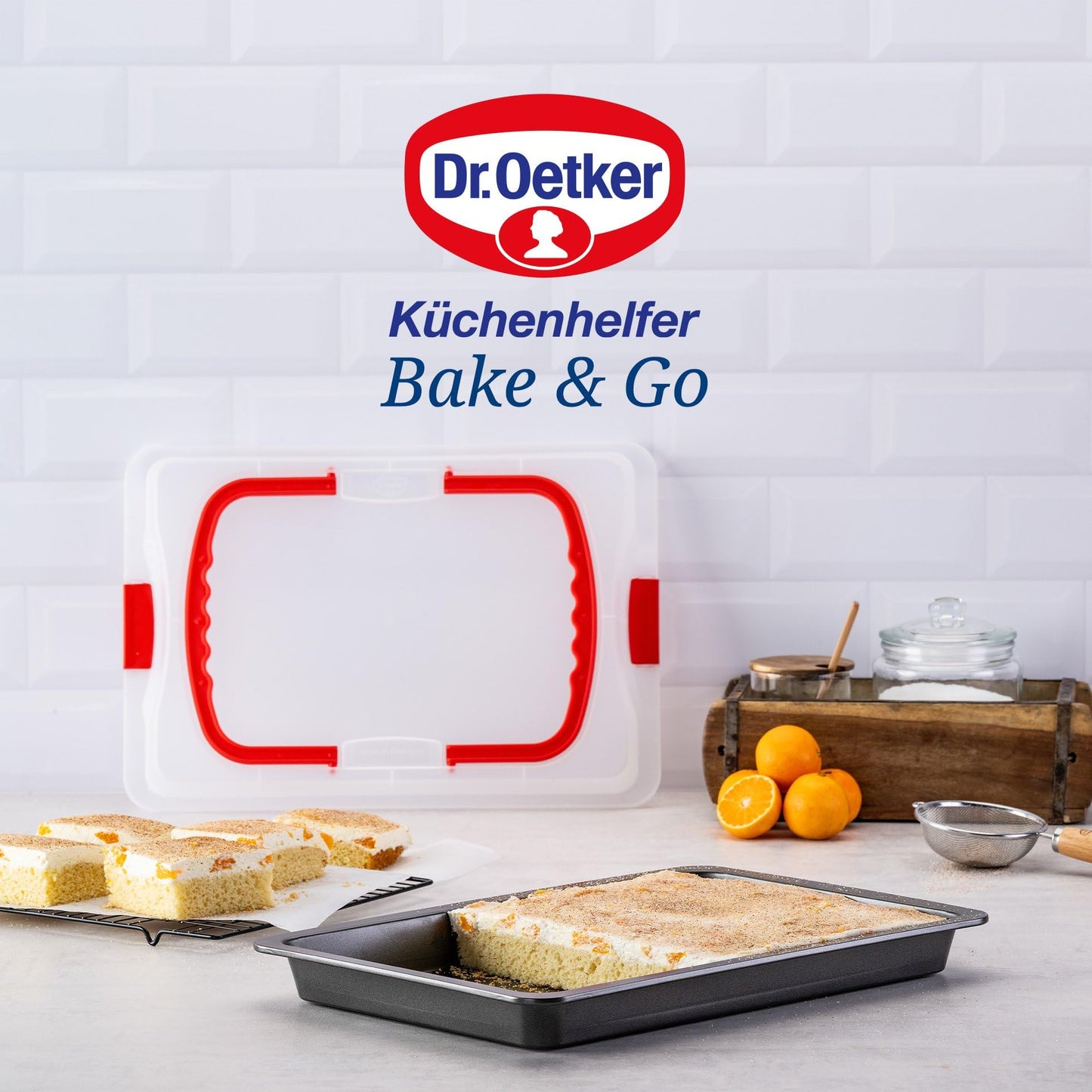 Dr. Oetker Backblech mit Transporthaube Bake & Go – 3in1: Ofenblech zum Backen, Aufbewahren und Transportieren – Antihaft, 42x29x4 cm