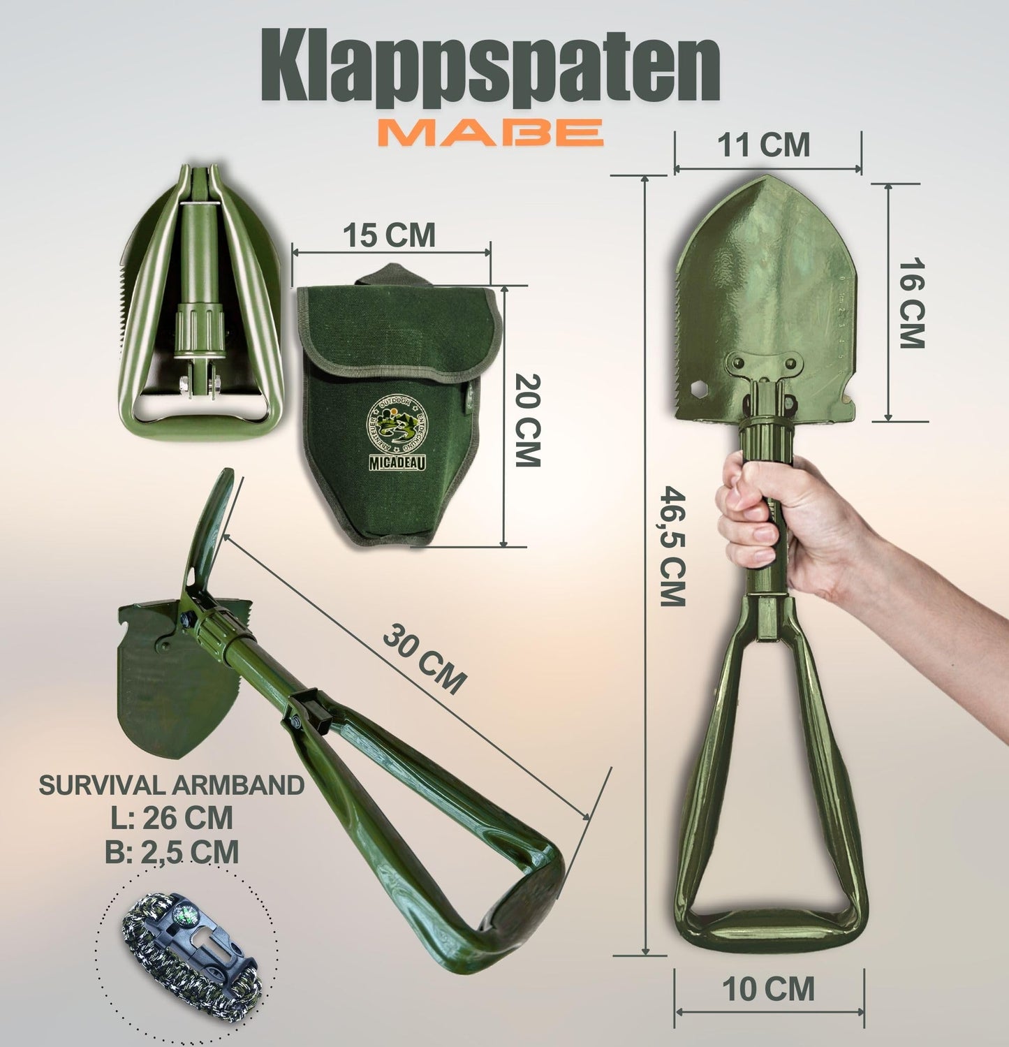 MiCadeau Klappspaten, Ostergeschenk, Geburtstagsgeschenk für Männer, Garten Spaten, Schaufel aus robustem Karbonstahl m. Gürteltasche, ideal fürs Abenteuer, Zelten, Outdoor, Autozubehör (Schwarz)