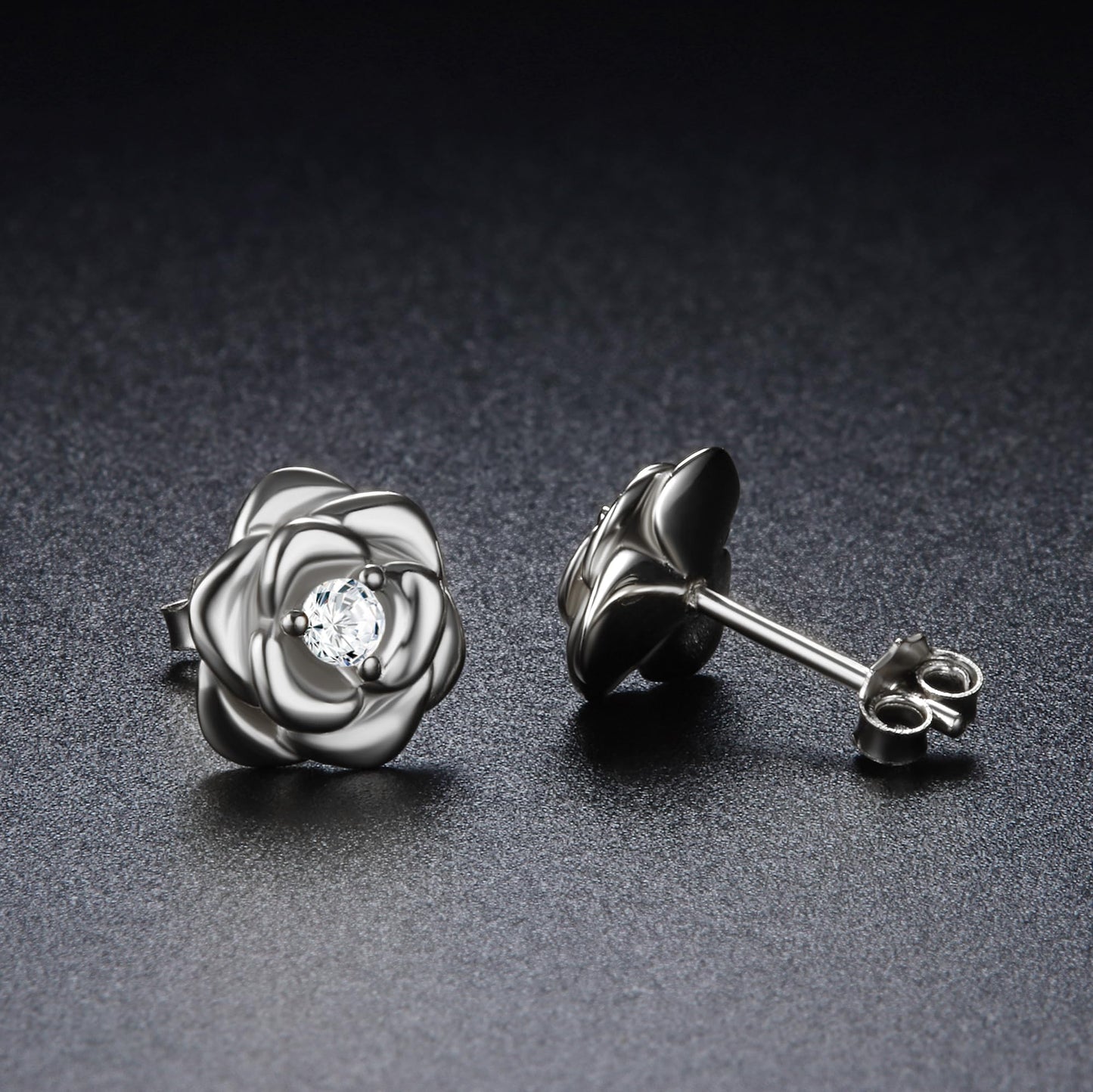 Small Rose Stud Earrings – 925 Sterling Silver with Zirconia