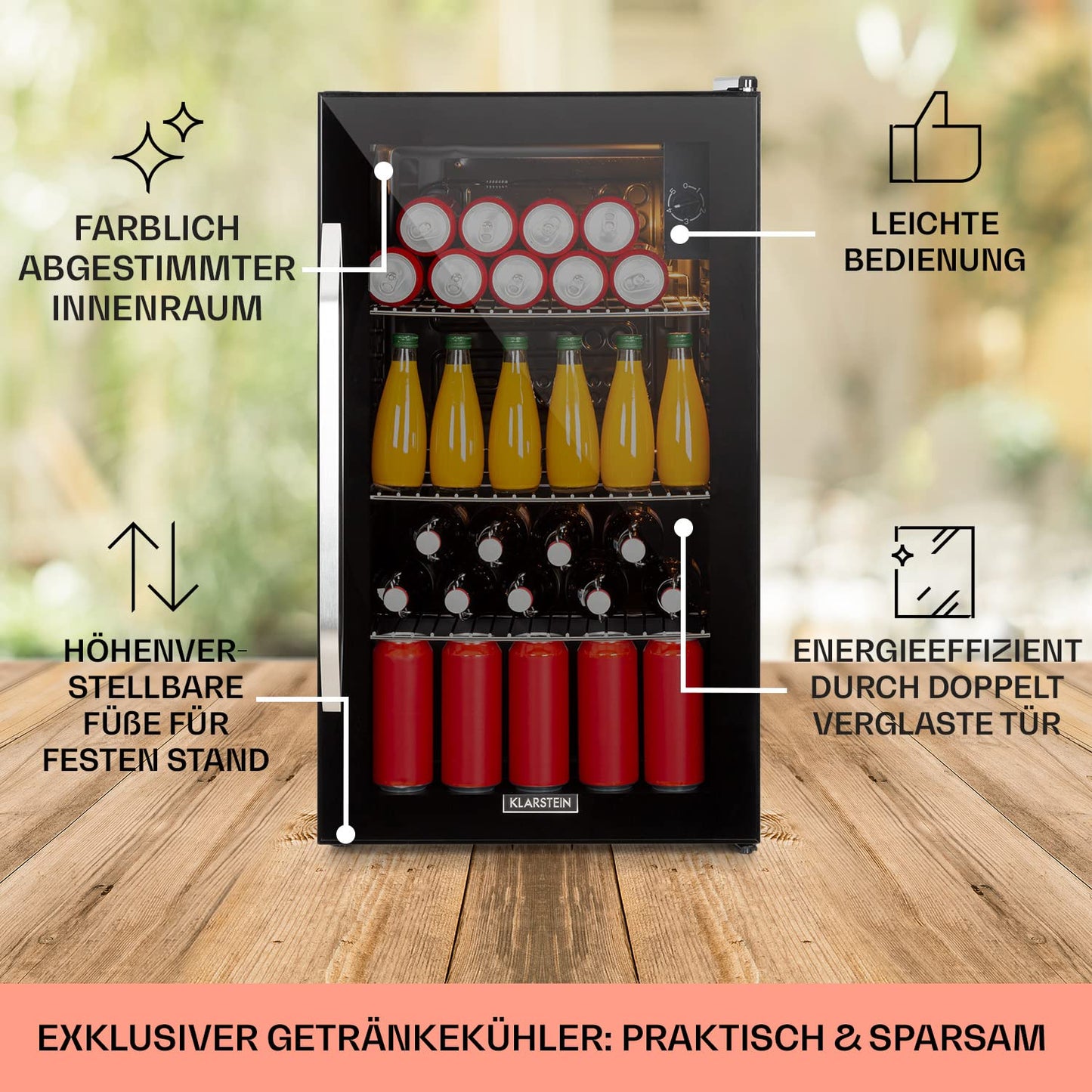 Klarstein Mini Fridge with Glass Door, Mini, for Room, Drinks Fridge Small with Adjustable Shelves, with Waveform Racks, 60 Liter Refrigerator Quiet