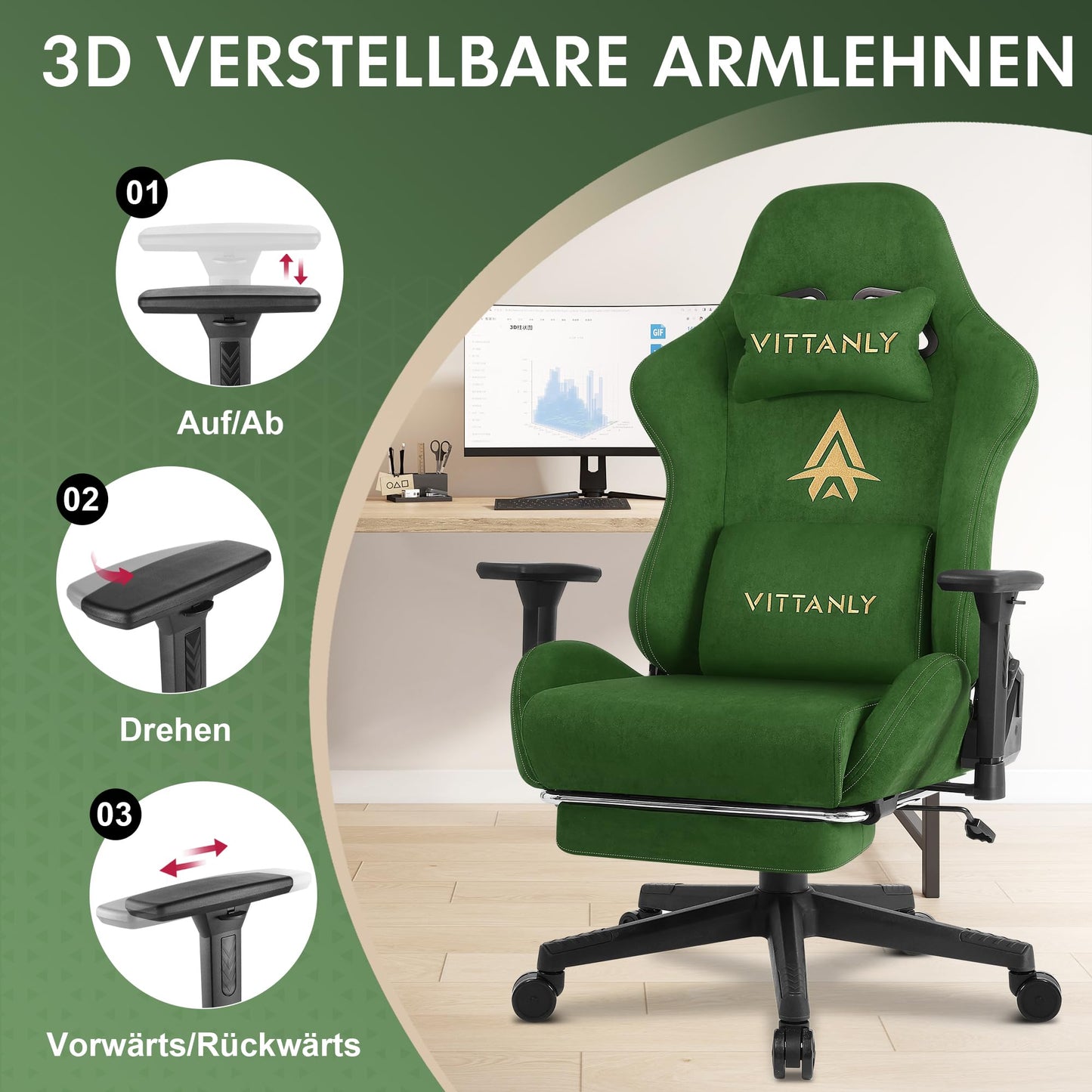 Vittanly Gaming Chair, Luxurious Breathable Imitation Suede Office Chair Gaming Chair, Ergonomic Gamer Chair with Footrest Headrest and Lumbar Cushion, 3D Armrests, 90-155° Backrest, Gray