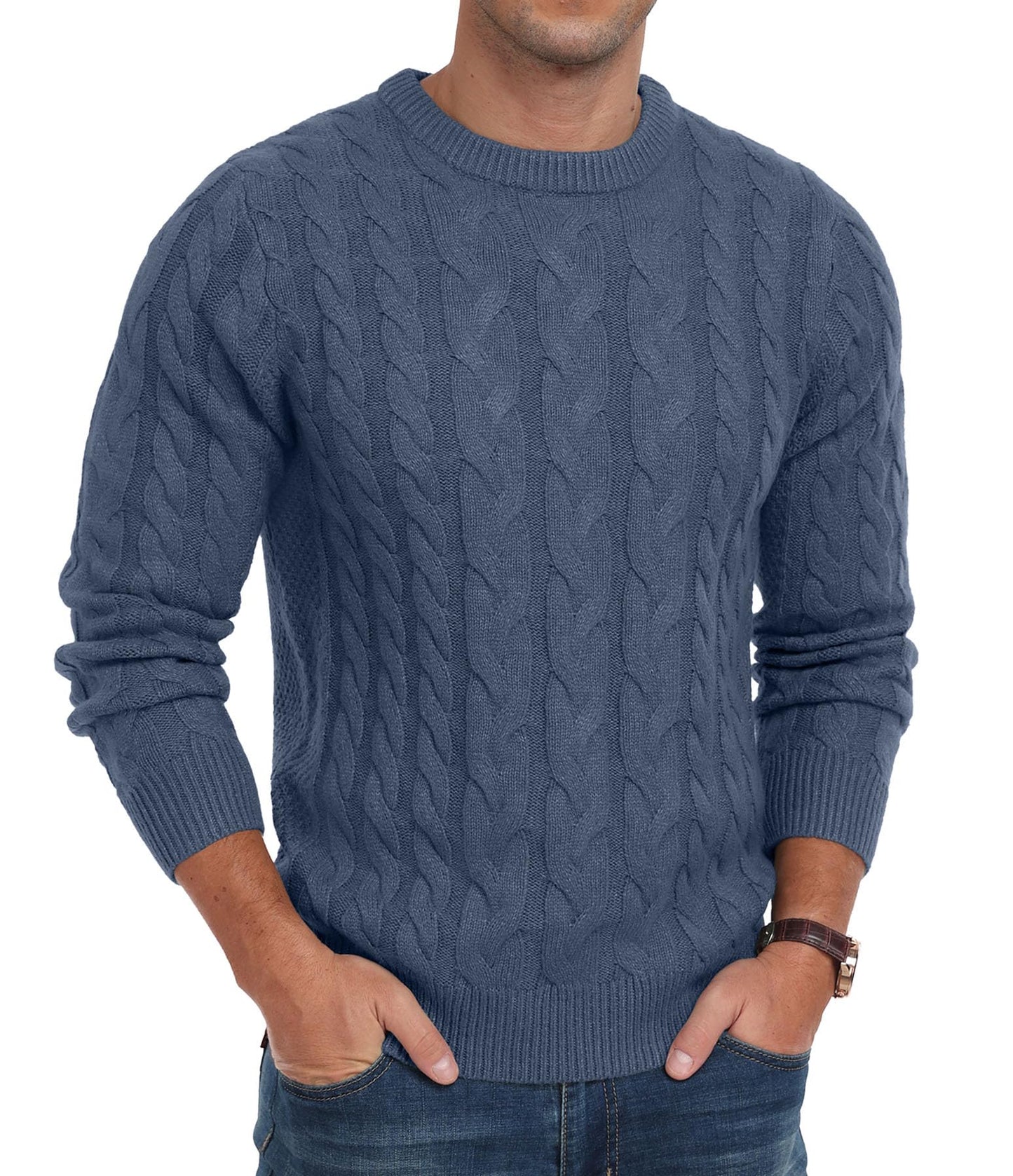 QIXING Men’s Cable Knit Sweater – Chunky Crewneck Pullover
