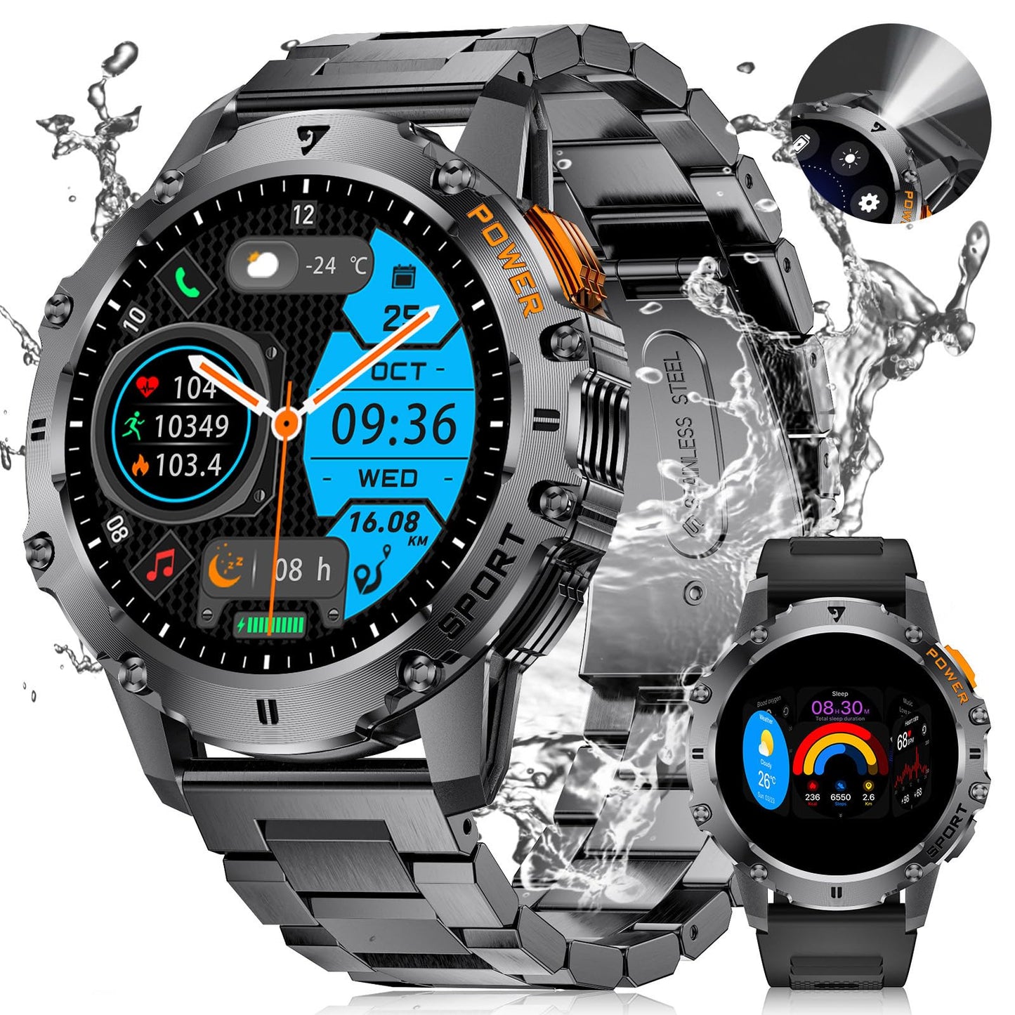 LIGE Smartwatch Herren Militär,Taschenlampe/1.43" AMOLED Sportuhr mit 500 mAh Akku/Telefonfunktion, 110+Sportmodi, IP68 Wasserdicht Smartwatch mit Herzfrequenz/Schlafmonitor für Android iOS,Schwarz