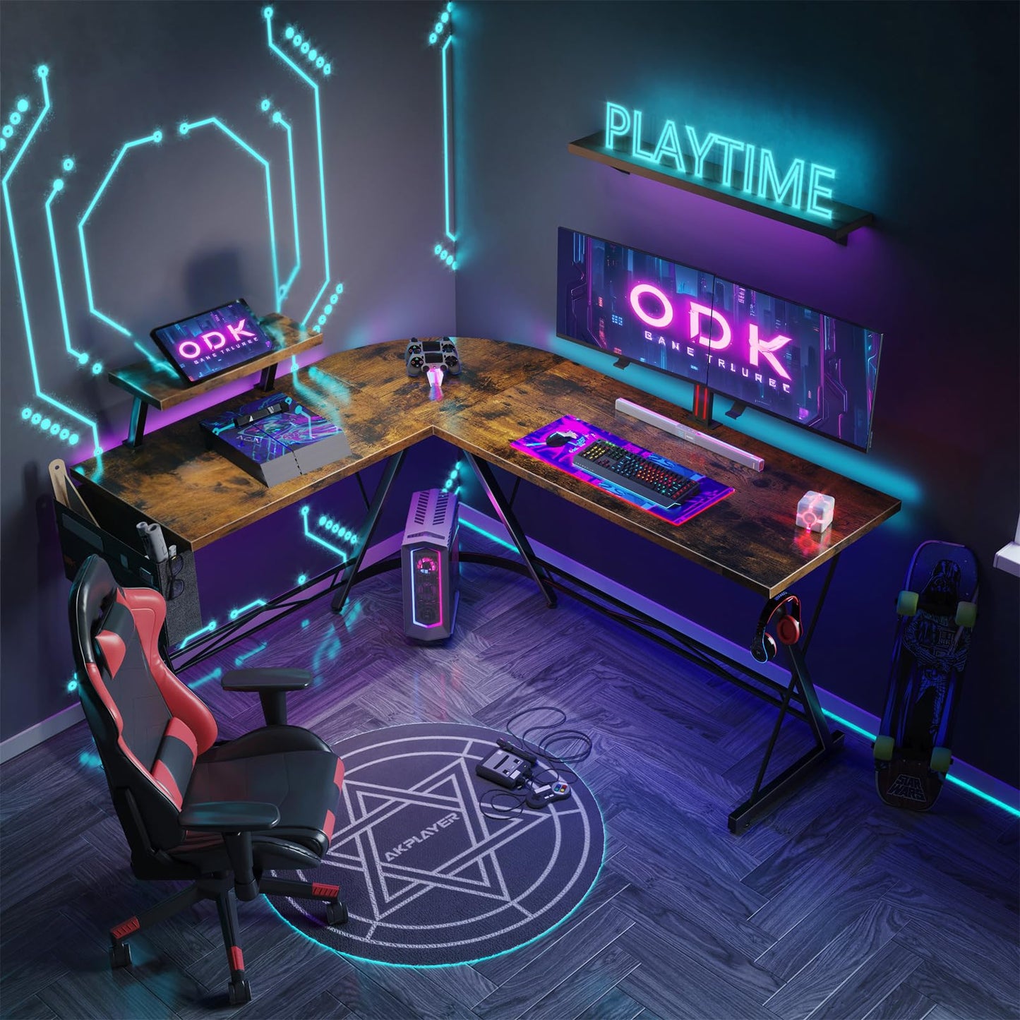 ODK Gaming Tisch, Gaming Schreibtisch Eckschreibtisch für Gamer, Schreibtisch L Form mit Monitorständer für Büro (Schwarz, 127 x 127 cm)