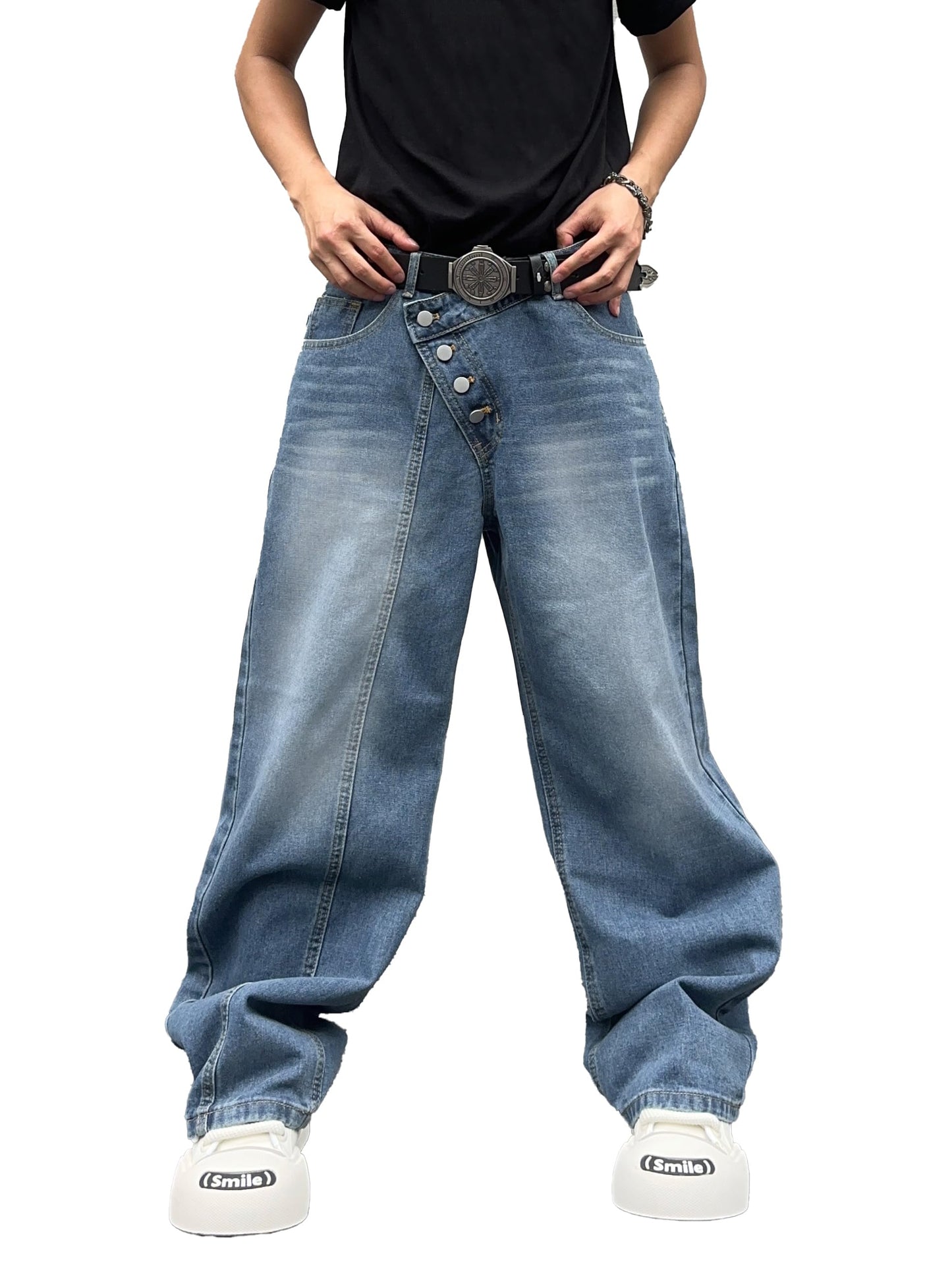Zewool Men’s Diagonal Button Baggy Jeans