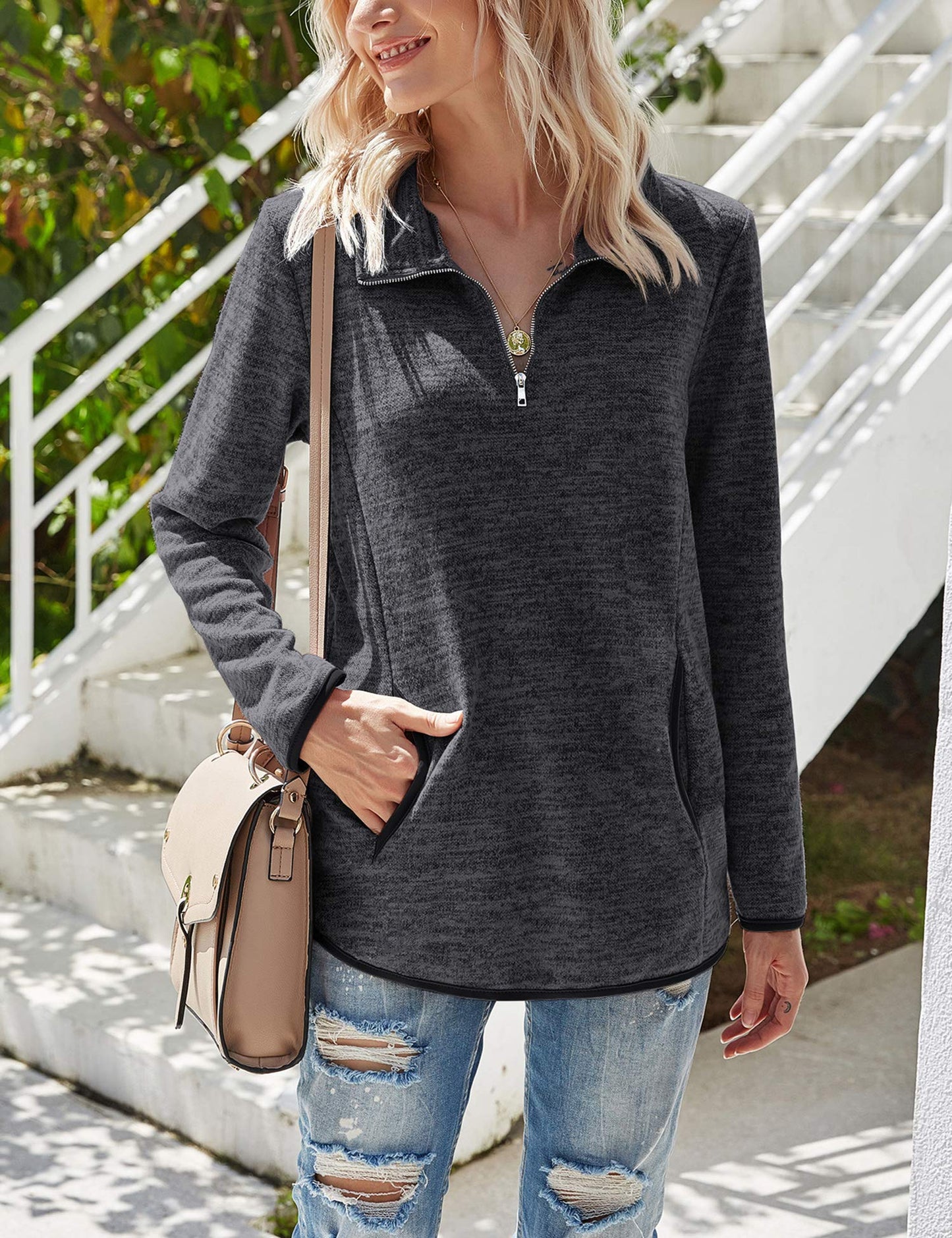 iWoo Women’s 1/4 Zip Pullover Sweatshirt – Casual Long Sleeve Top
